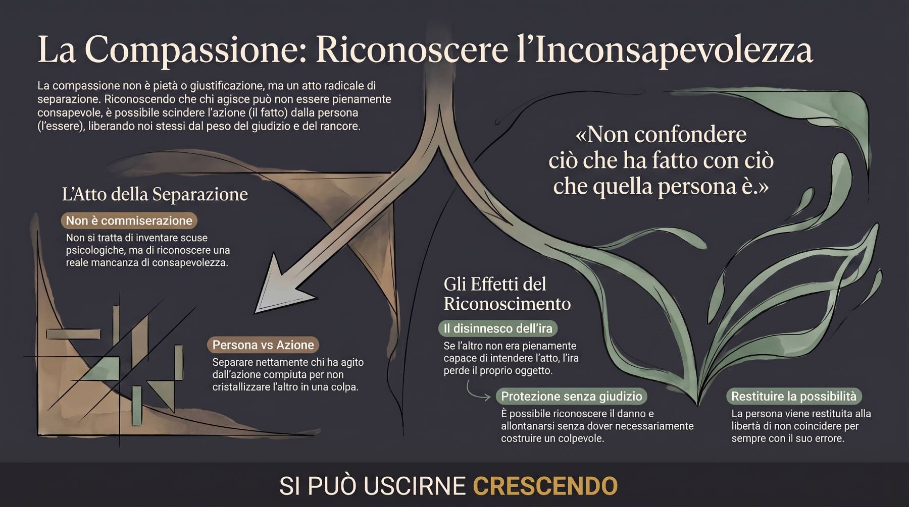Infografica Sezione 2 — La compassione: non confondere ciò che ha fatto con ciò che è. Linea biforcata che separa azione e persona su due piani distinti.