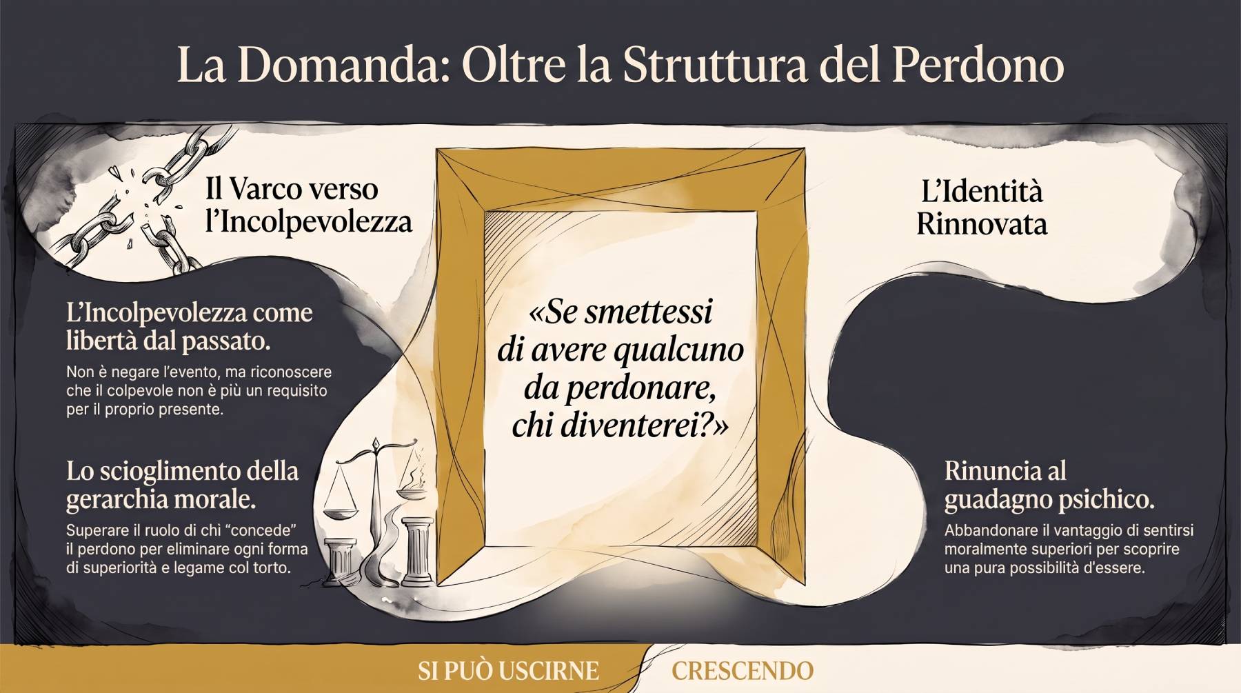 Infografica Sezione 9 — La domanda: se smettessi di avere qualcuno da perdonare, chi diventerei? Spazio aperto verso una soglia dorata, nessuna risposta visiva.