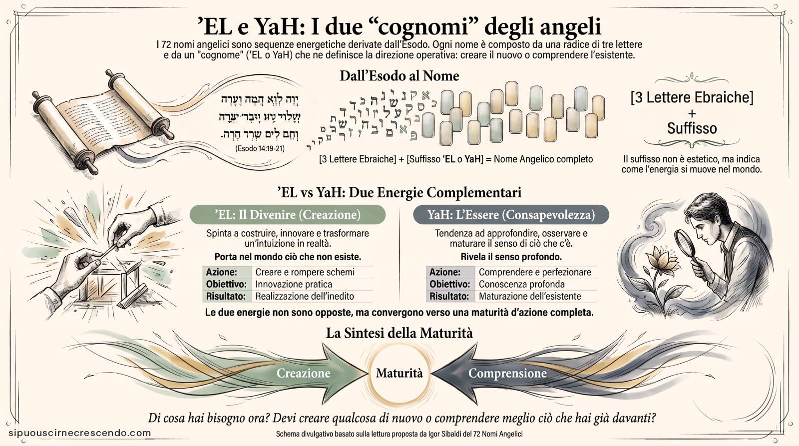 Schema: ʼEL e YaH, i due cognomi degli angeli — dall'Esodo al nome, le due energie complementari, la sintesi della maturità.