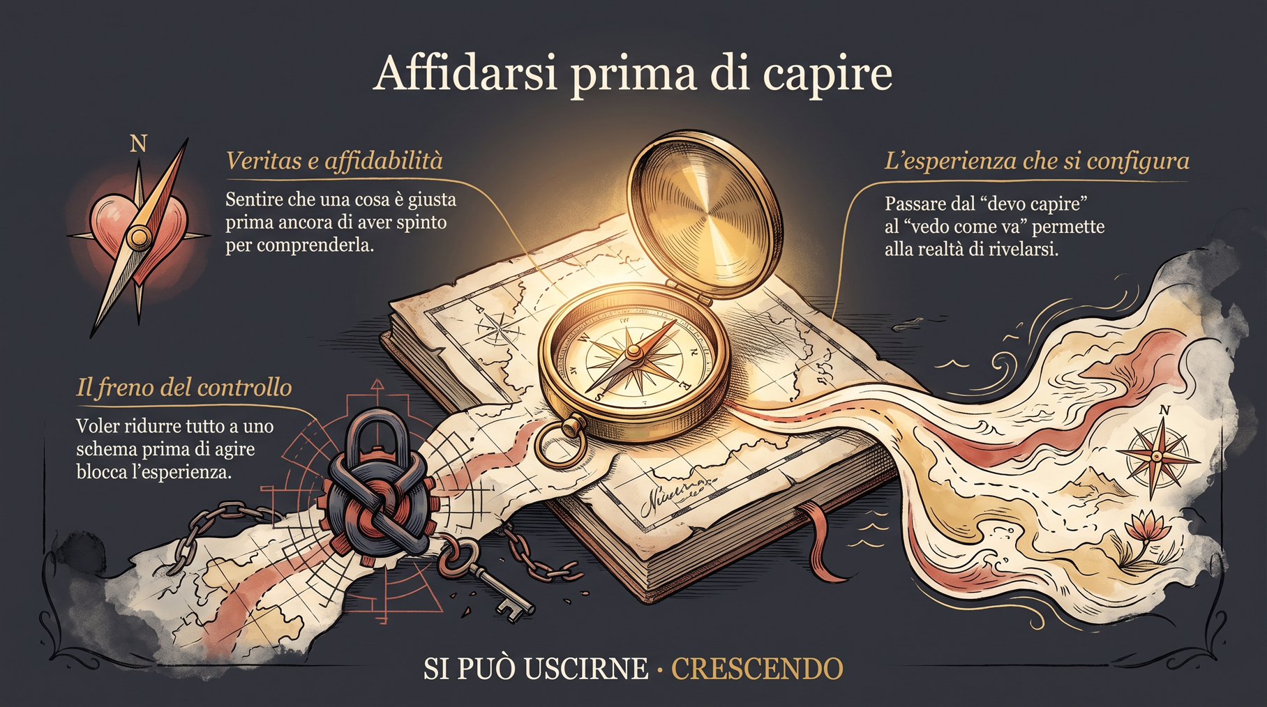 Infografica Affidarsi prima di capire — Dal “devo capire” al “vedo come va”. Bussola su una mappa: veritas e affidabilità, il lucchetto del controllo che blocca, l'esperienza che si configura.