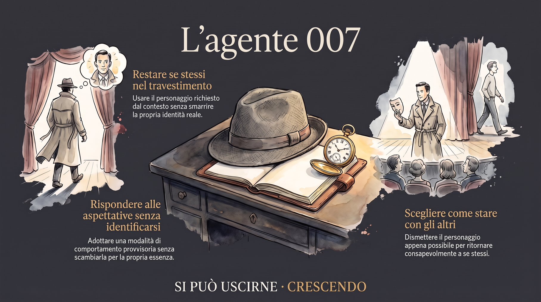 Infografica L'agente 007 — Usare il personaggio richiesto dal contesto senza scambiarlo per sé. Uomo in impermeabile tra le quinte, maschera di scena, pubblico: scegliere come stare con gli altri.