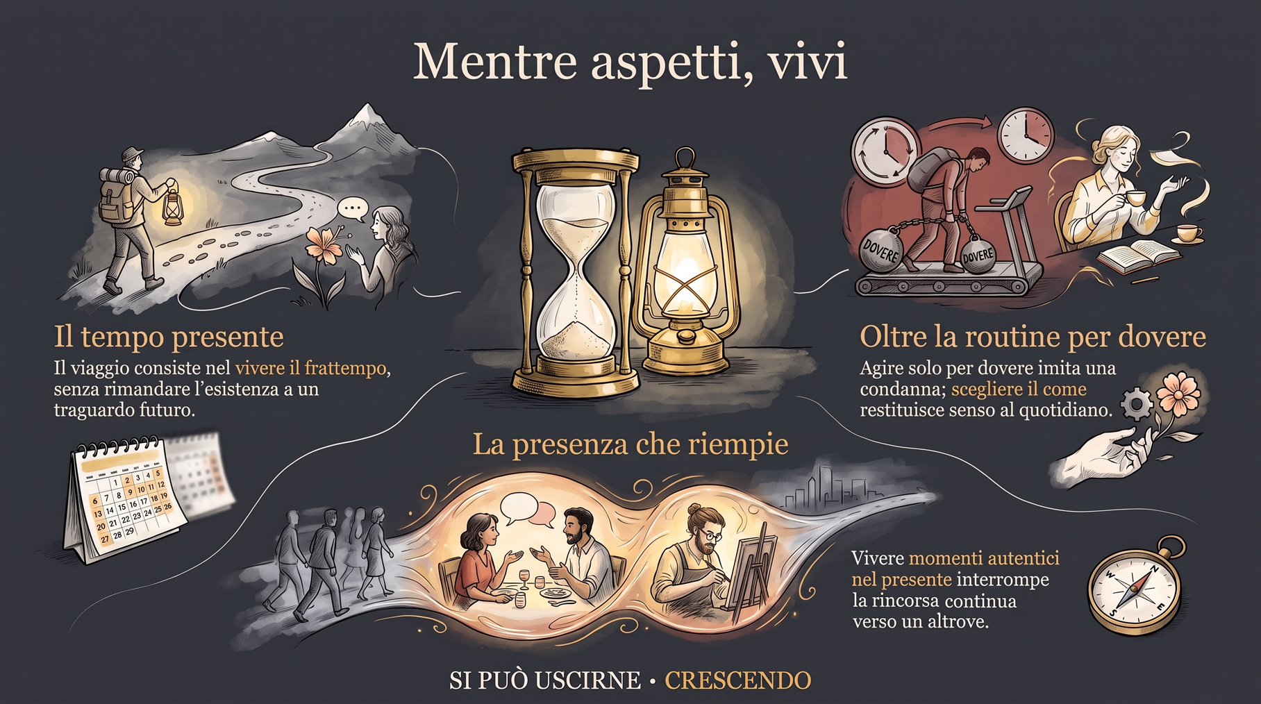 Infografica Mentre aspetti, vivi — Il viaggio è vivere il frattempo, non rimandare l'esistenza. Clessidra e lanterna, camminatore sul sentiero, routine per dovere sul tapis roulant, momenti autentici.