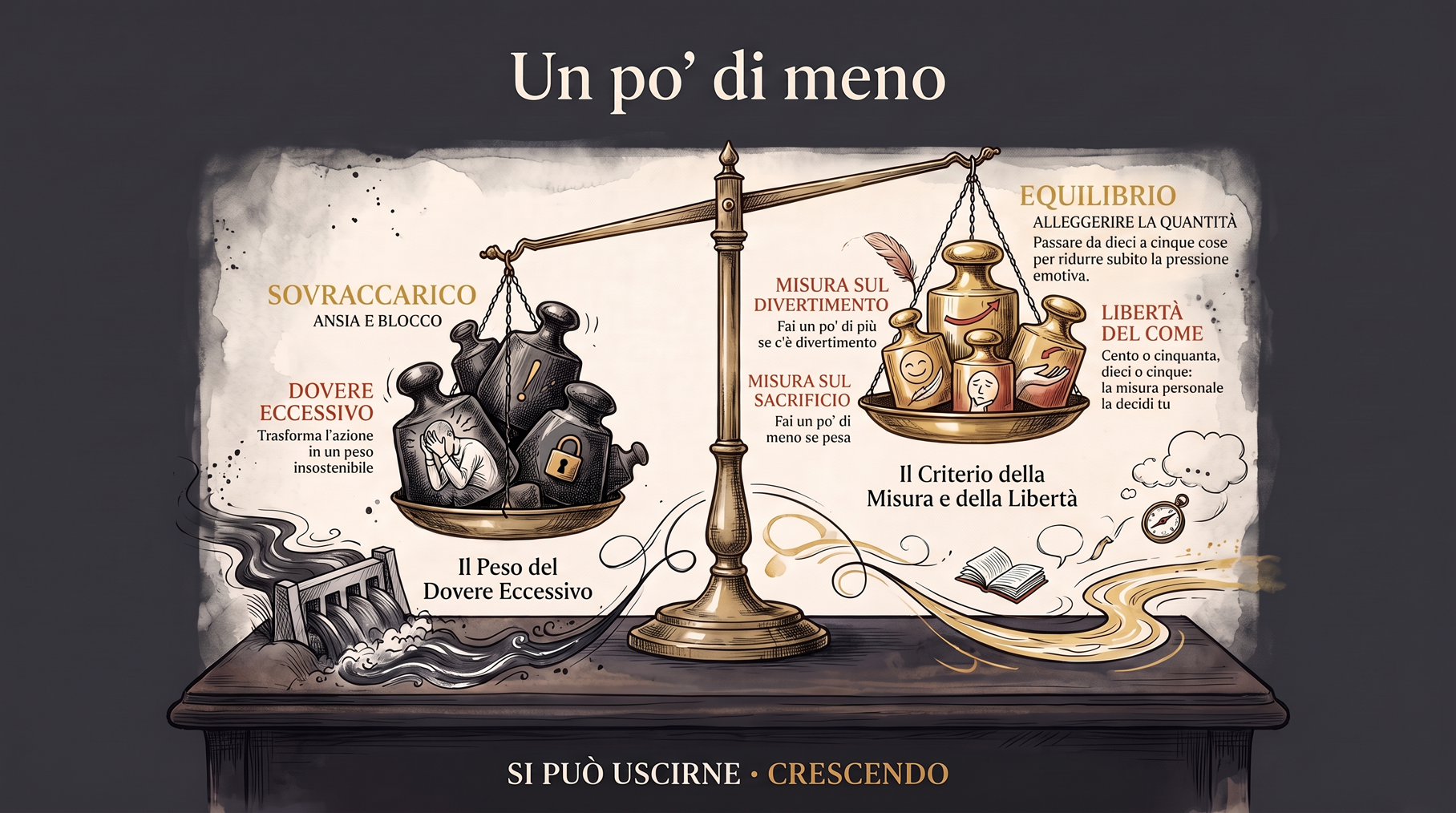 Infografica Un po' di meno — Se c'è sacrificio un po' di meno, se c'è divertimento un po' di più. Bilancia: pesi neri del dovere contro pesi dorati; dieci o cinque cose, la misura la decidi tu.