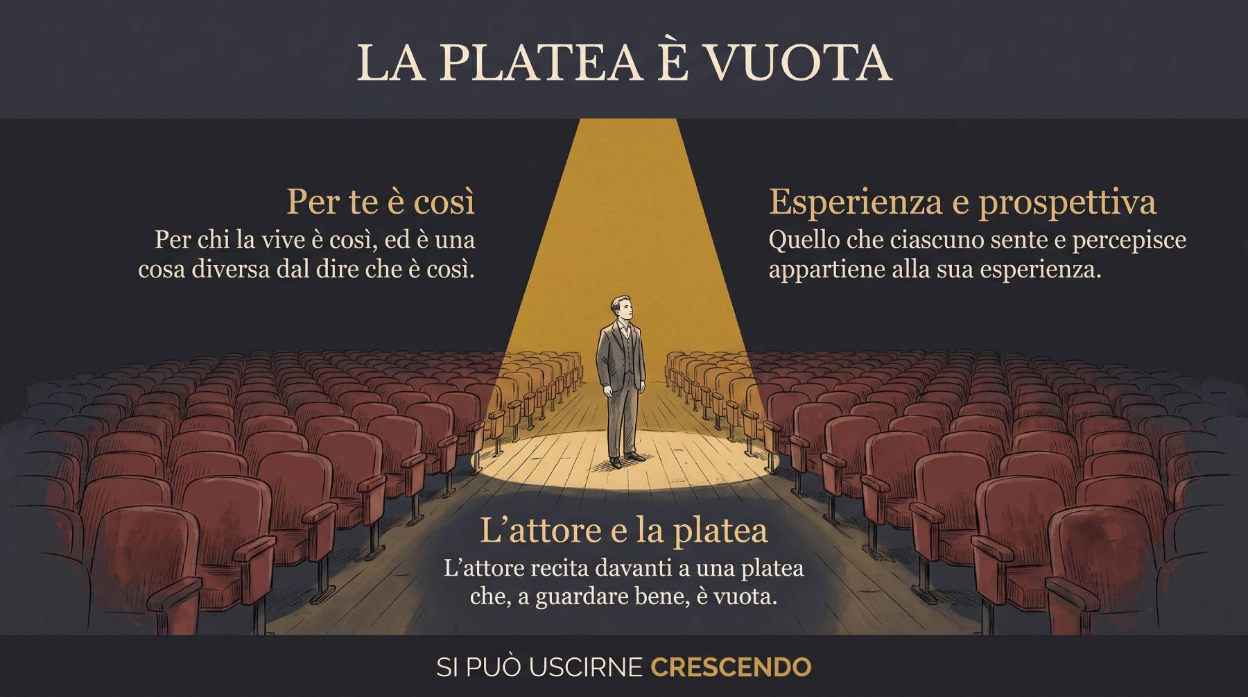 Un attore in piedi sul palco, sotto un cono di luce, davanti a file di poltrone rosse tutte vuote: la platea è vuota.