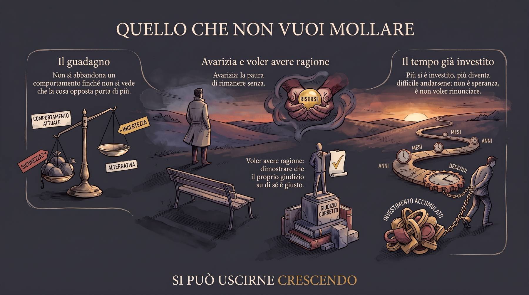 Un uomo di spalle guarda il tramonto accanto a una panchina; intorno una bilancia, due mani che stringono una sfera, una statua su dei libri, un uomo incatenato al tempo investito.