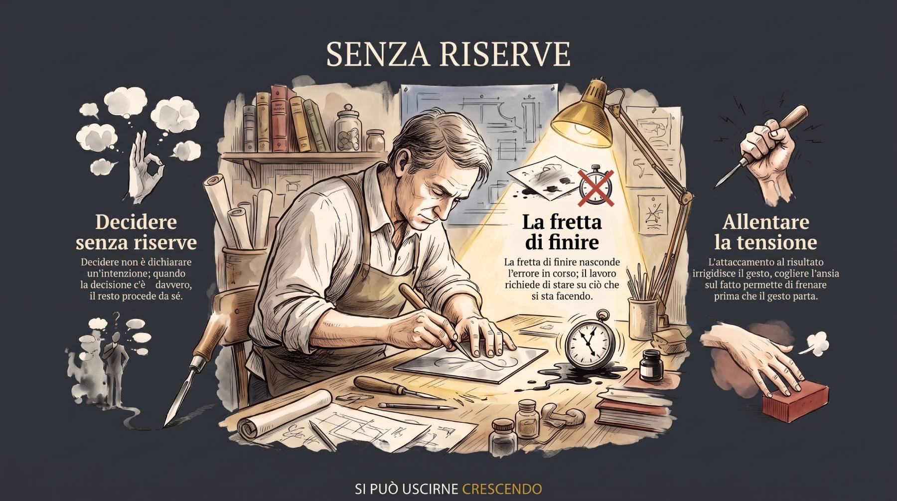 Un artigiano concentrato sul lavoro sotto una lampada, con un cronometro sul tavolo; ai lati: decidere senza riserve, la fretta di finire, allentare la tensione.