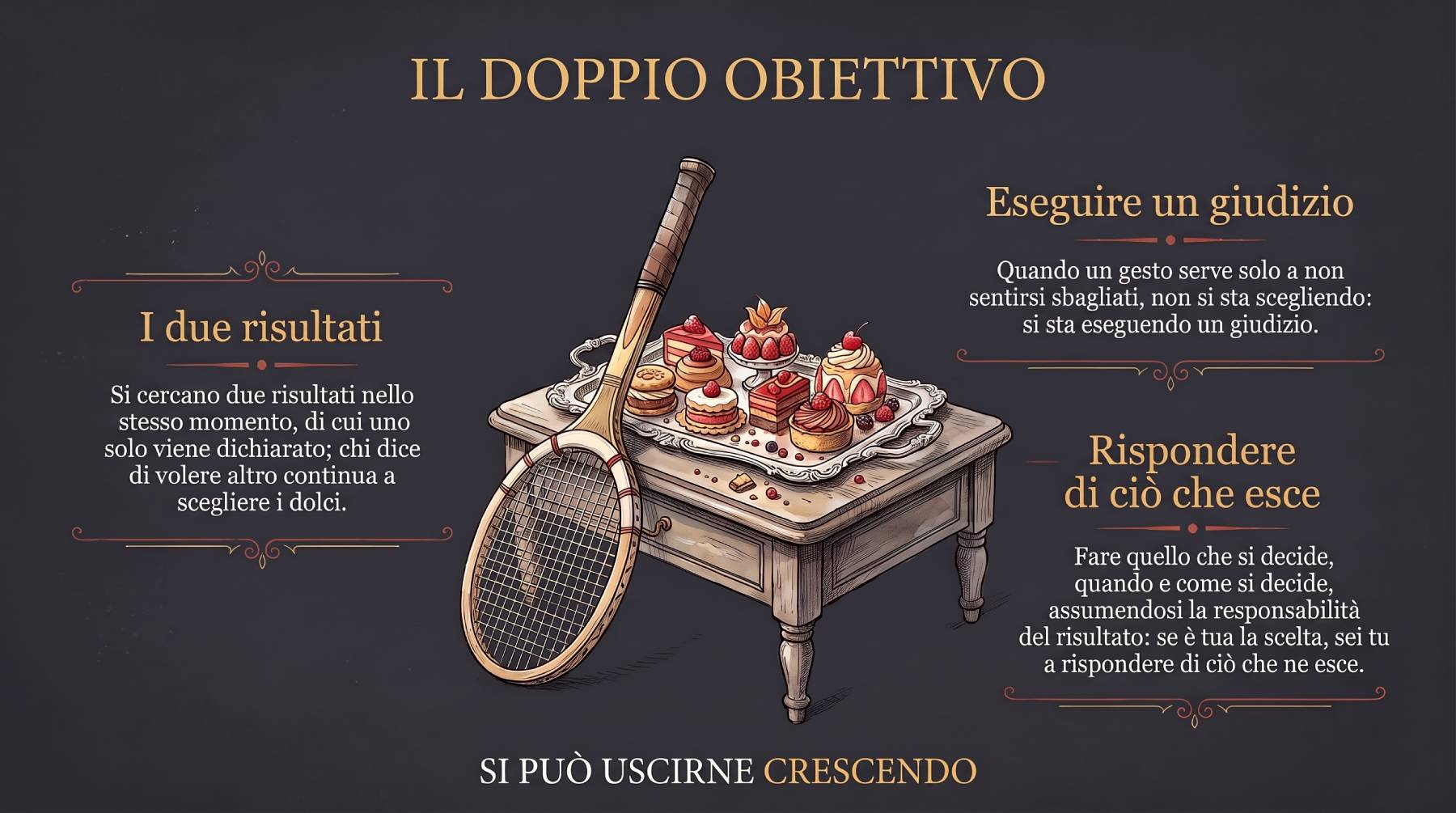 Una racchetta da tennis appoggiata a un tavolino con un vassoio di dolci: il doppio obiettivo, due risultati cercati insieme di cui uno solo dichiarato.