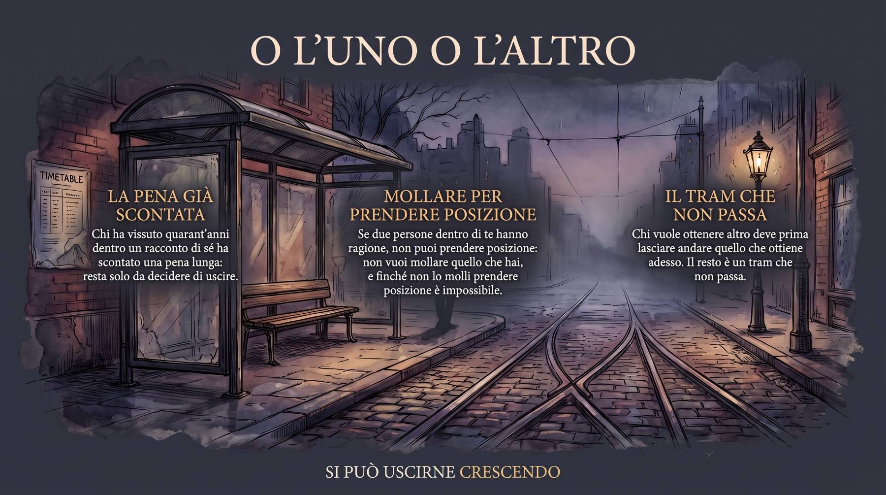 Una fermata del tram nella nebbia, con panchina, lampione e binari vuoti: la pena già scontata, mollare per prendere posizione, il tram che non passa.