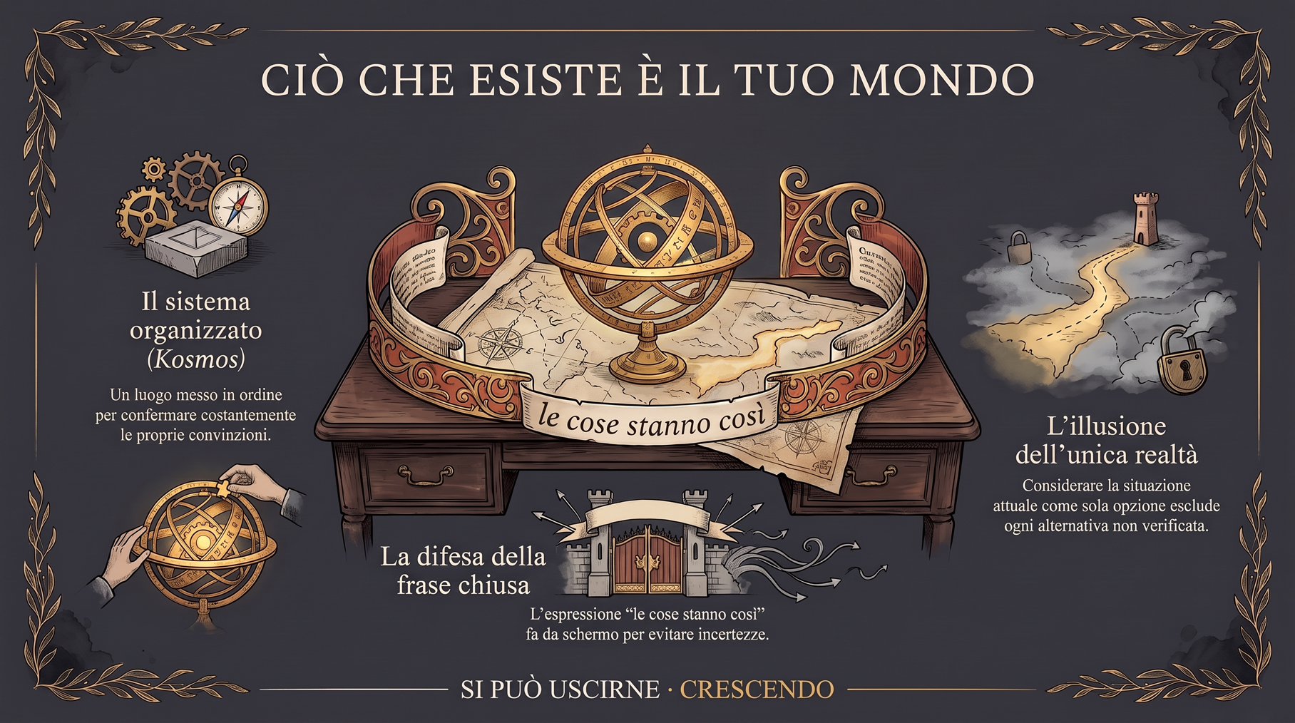 Infografica — Ciò che esiste è il tuo mondo: il mondo come luogo messo in ordine. Kosmos, la frase chiusa «le cose stanno così» e l'illusione dell'unica realtà.
