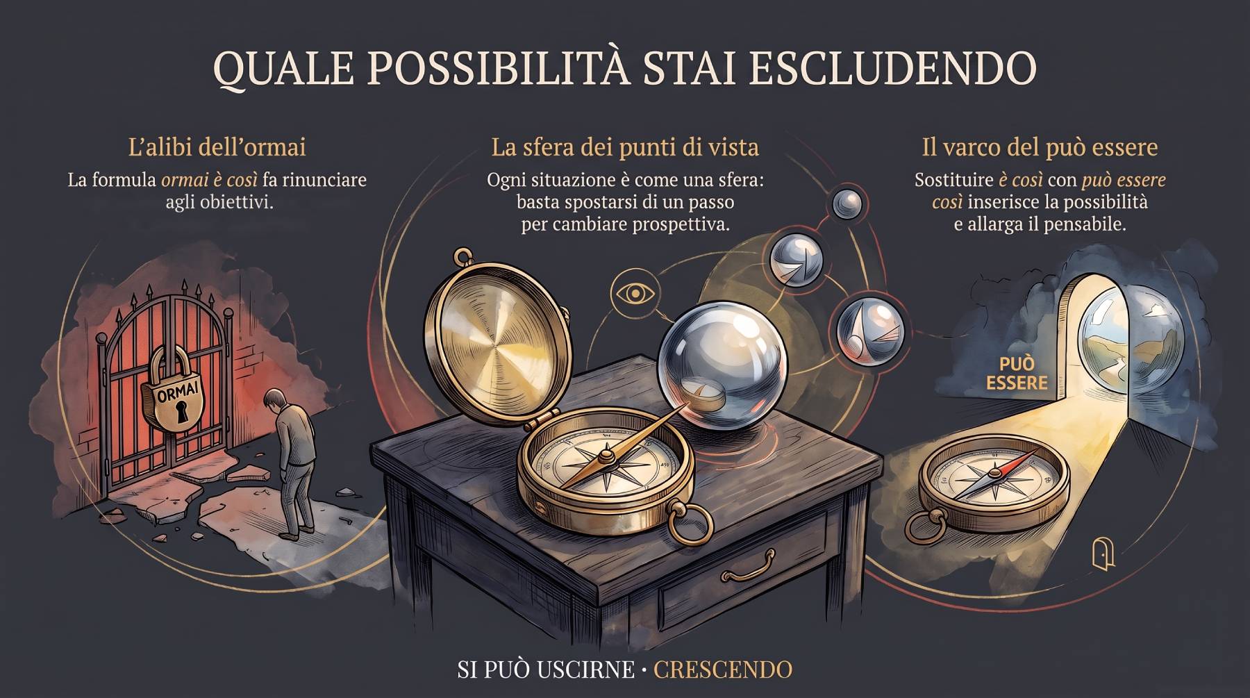 Infografica — Quale possibilità stai escludendo: l'alibi dell'ormai. Cancello con lucchetto «ormai», sfera dei punti di vista e varco del «può essere».