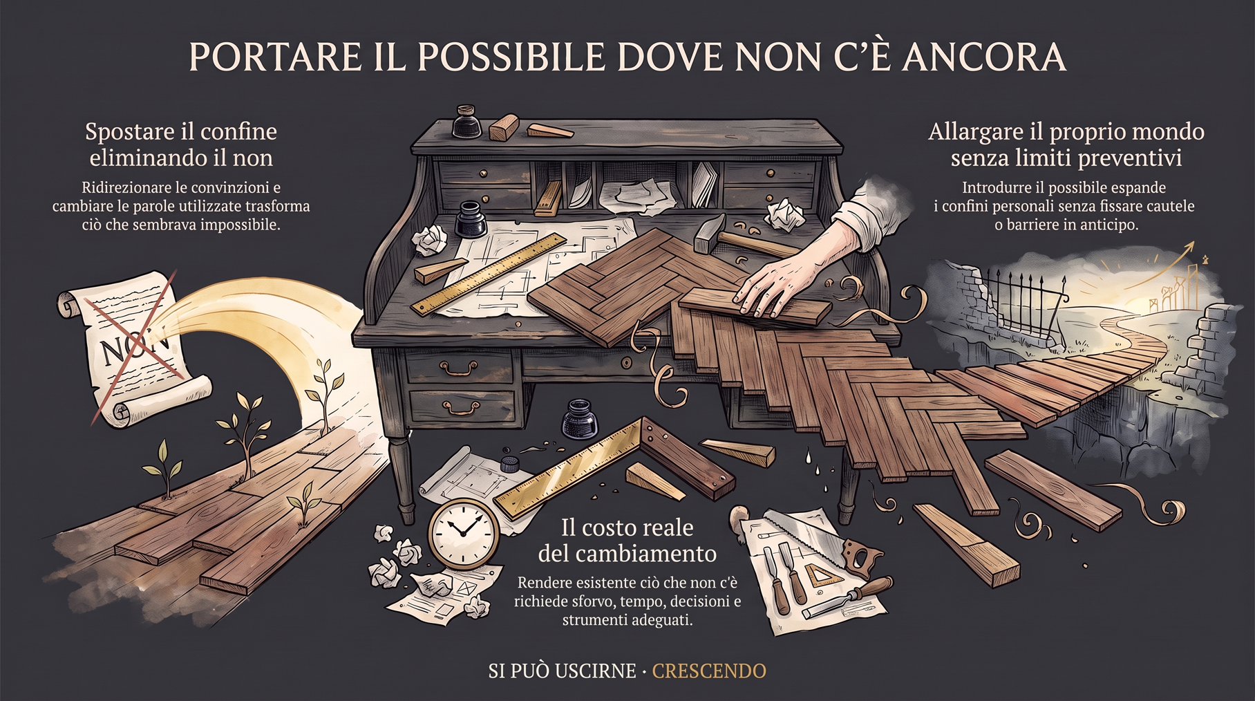Infografica — Portare il possibile dove non c'è ancora: spostare il confine eliminando il non. Scrivania con pavimento in costruzione e costo reale del cambiamento.