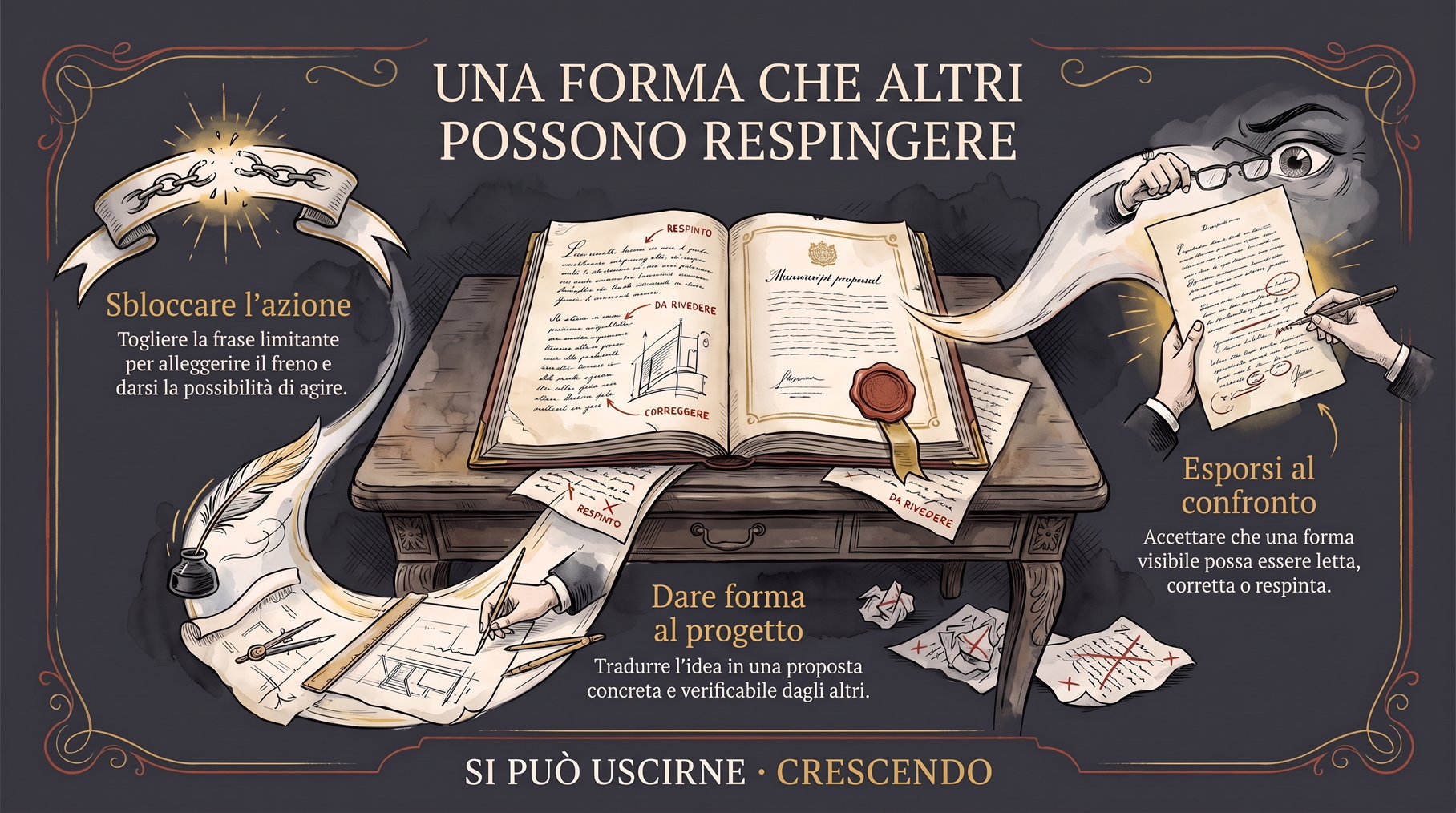 Infografica — Una forma che altri possono respingere: sbloccare l'azione, dare forma al progetto, esporsi al confronto. Libro con bozze segnate «respinto» e «da rivedere».