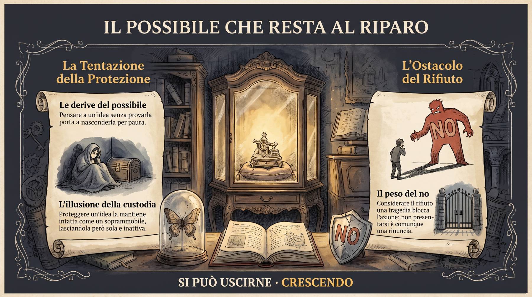 Infografica — Il possibile che resta al riparo: la tentazione della protezione e l'ostacolo del rifiuto. Teca con soprammobile, farfalla sotto campana, il «no» e un cancello.