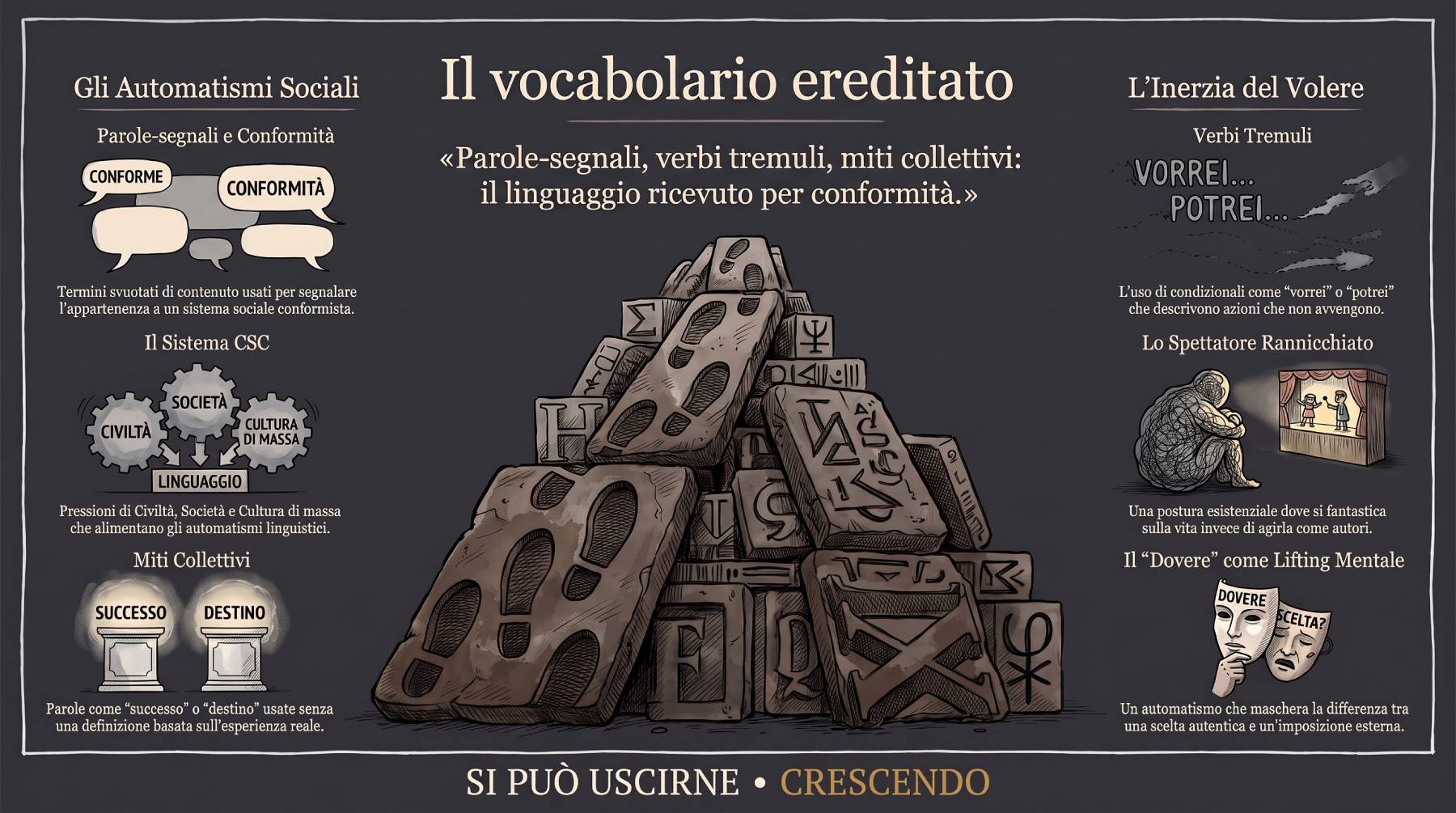 Il vocabolario ereditato — stratificazione di linguaggio ricevuto per conformità.