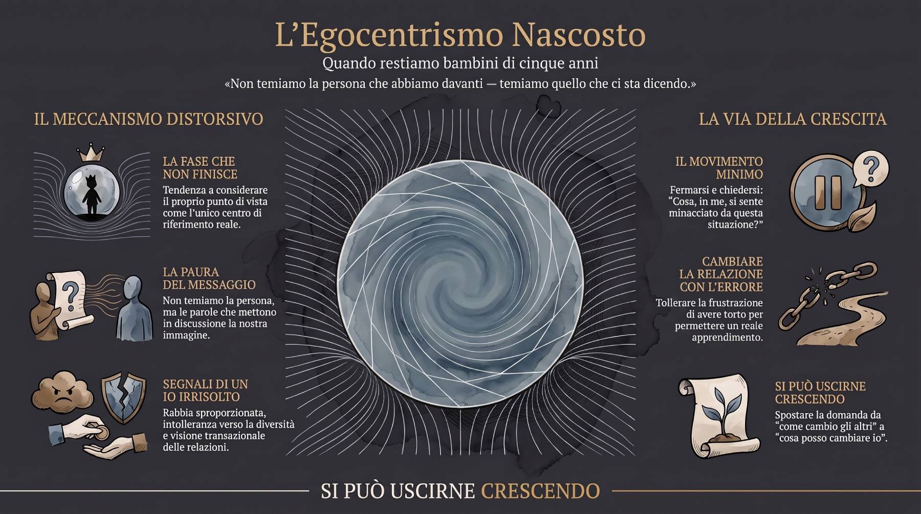 Copertina — L'Egocentrismo Nascosto: superficie concava che incurva verso il centro le linee che la circondano — il meccanismo di chi legge la realtà attraverso l'immagine di sé.