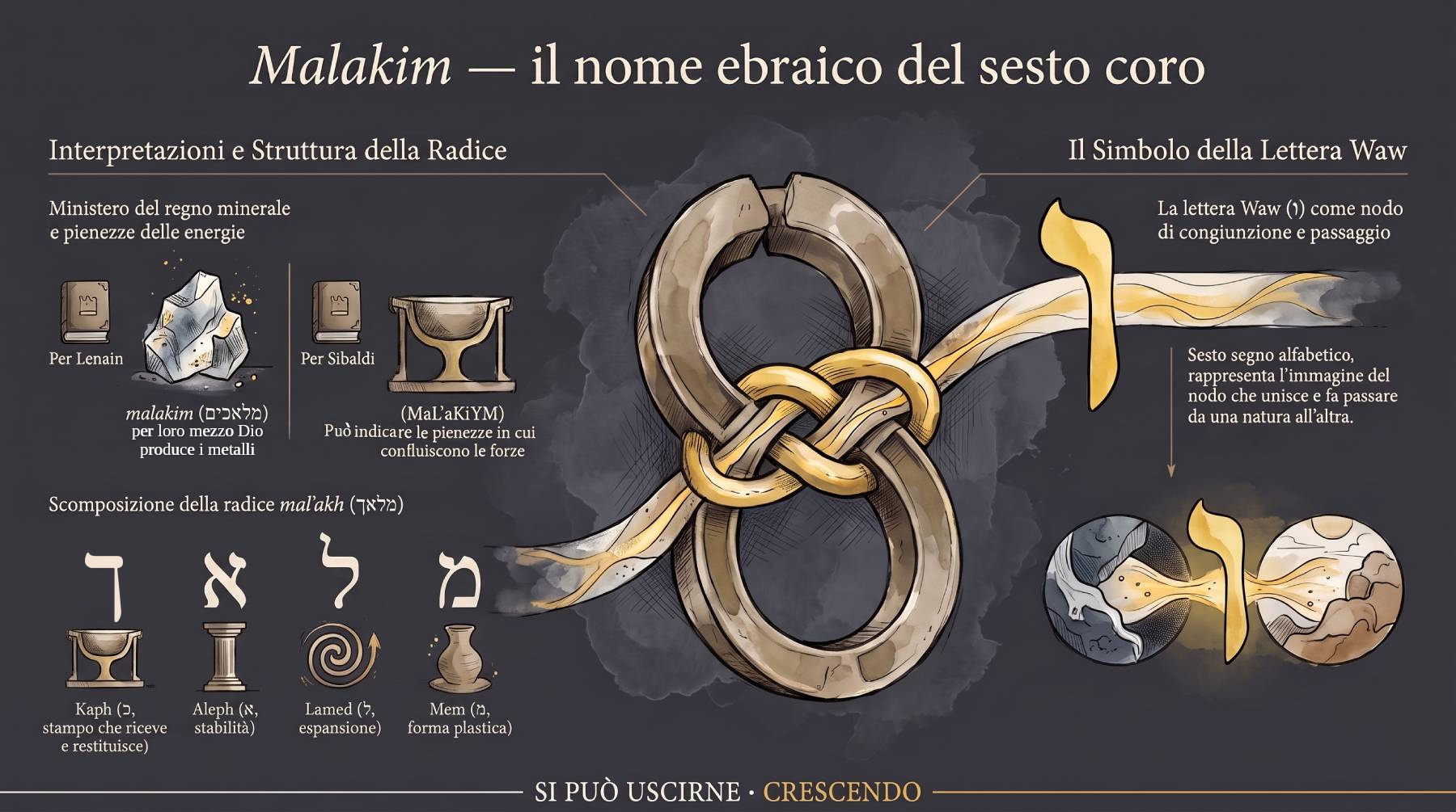 Malakim — il nome ebraico del sesto coro: la radice mal'akh scomposta nelle sue lettere, la Waw come nodo di congiunzione e passaggio, il ministero sul regno minerale secondo Lenain.