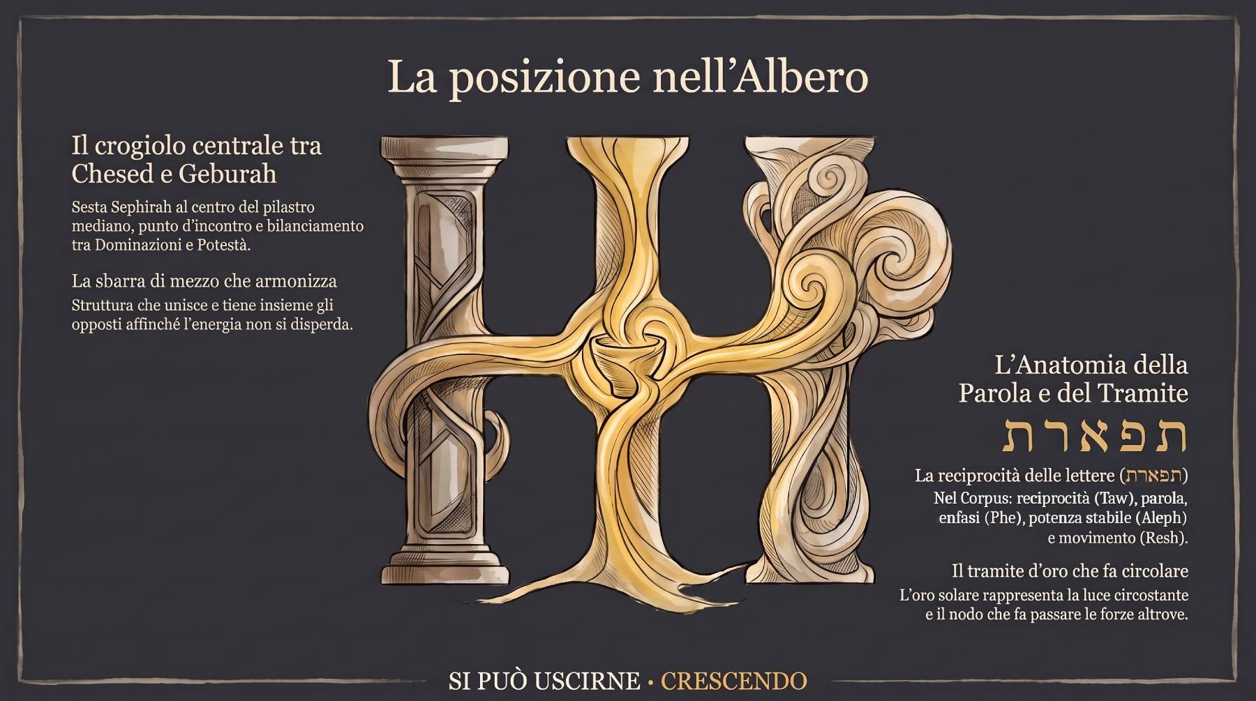 La posizione nell'Albero — Thiphereth, sesta Sephirah al centro del pilastro mediano tra Chesed e Geburah; le lettere del nome e il tramite d'oro che fa circolare le forze.