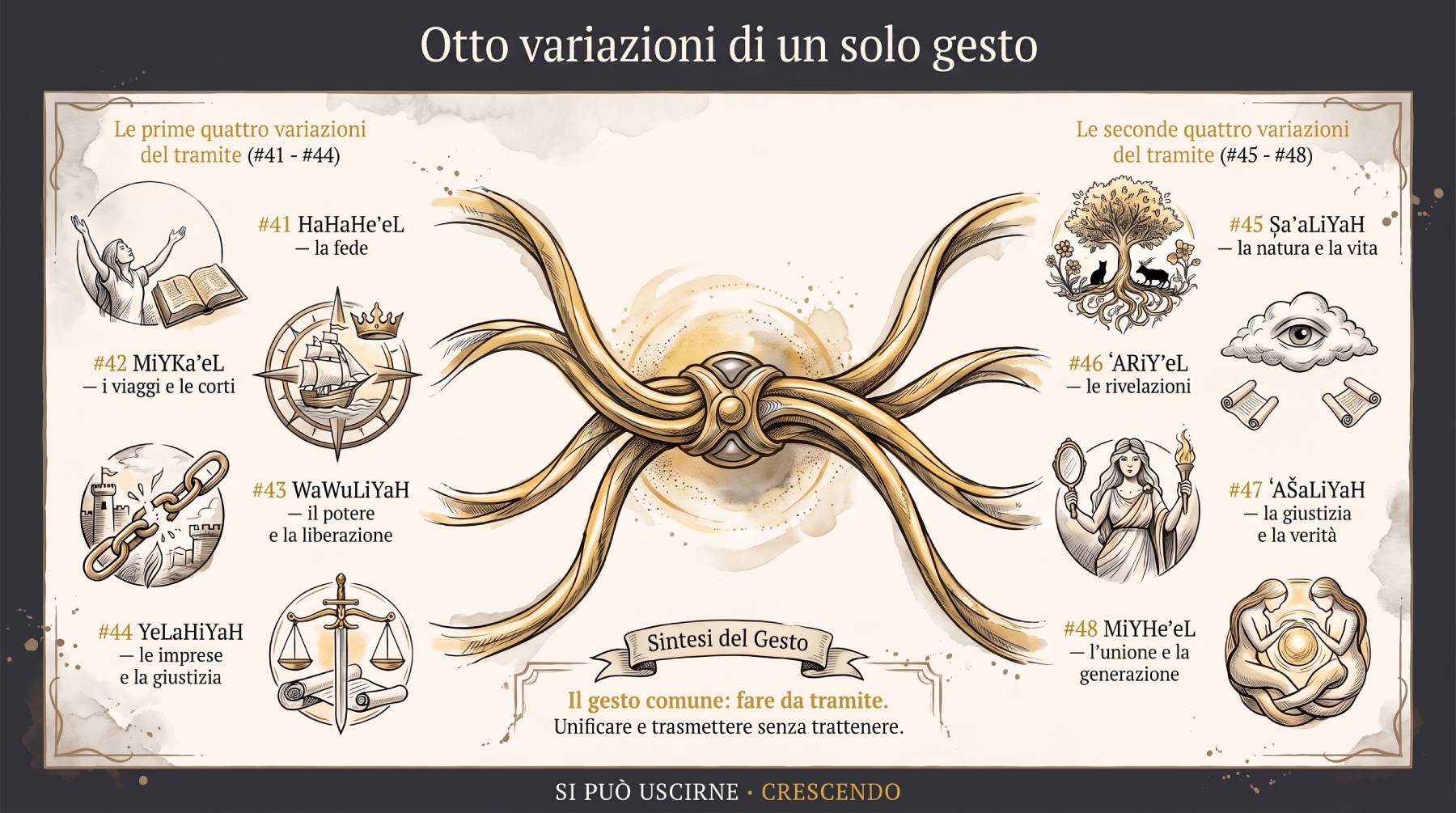 Otto variazioni di un solo gesto — le energie #41–#48 attorno a un nodo d'oro: fede, viaggi e corti, potere e liberazione, imprese e giustizia, natura, rivelazioni, verità, unione.