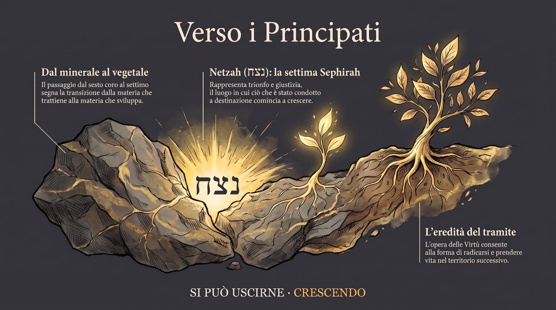 Verso i Principati — dalla roccia al germoglio: il passaggio dal regno minerale al vegetale, Netzah settima Sephirah, e l'eredità del tramite che permette alla forma di radicarsi.