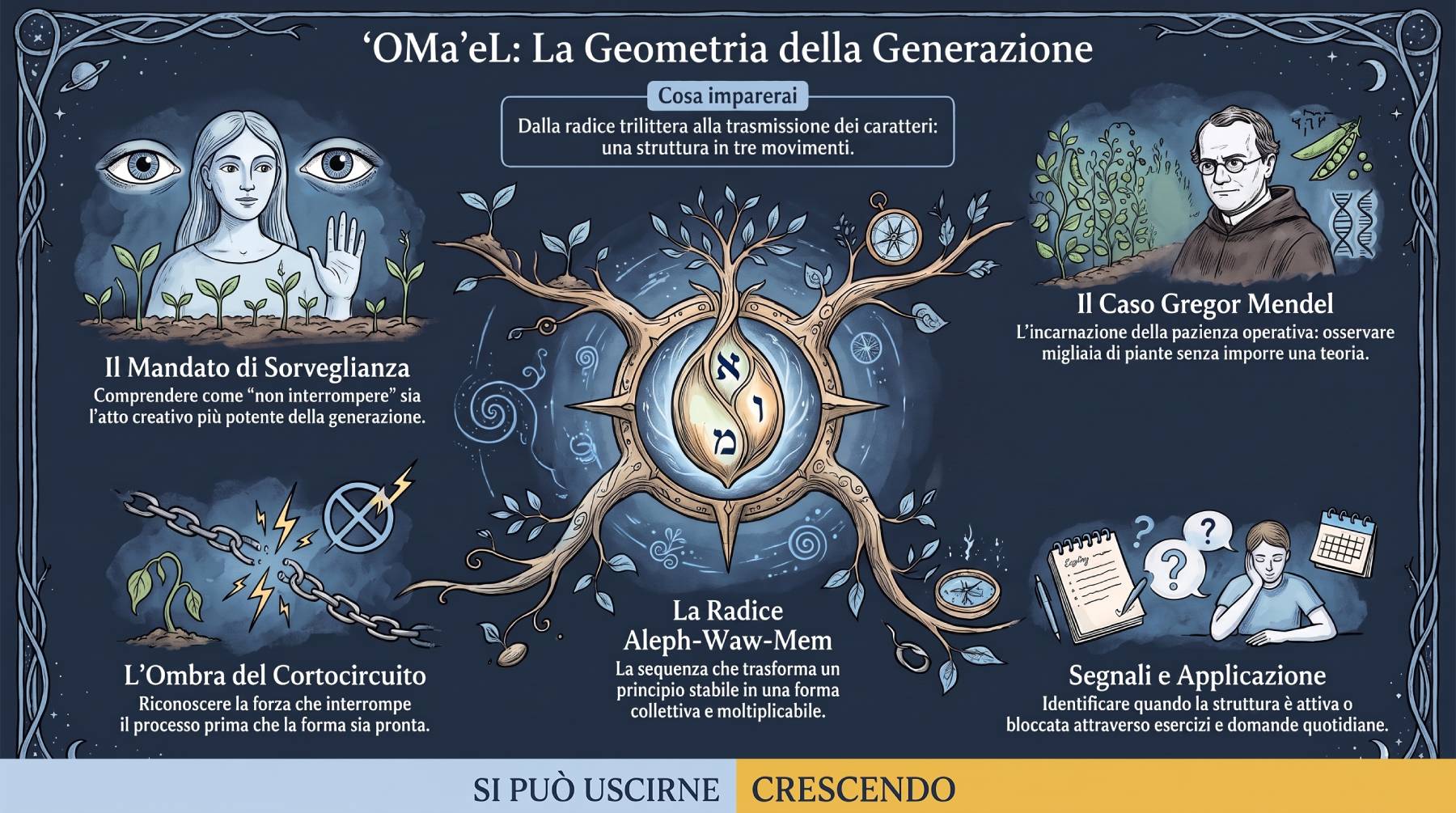Mappa dei temi dell'articolo su ʼOMaʼeL: lettere, mandato, personaggio, ombra, applicazione.