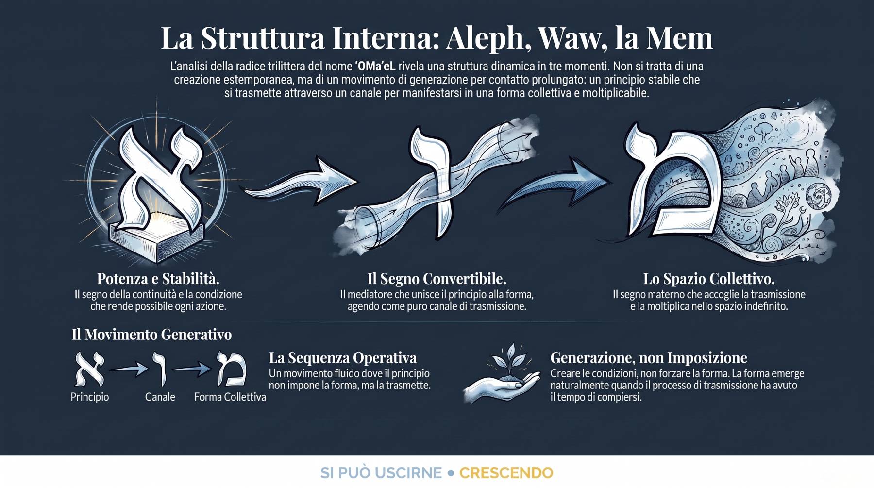 Le tre lettere della radice di ʼOMaʼeL: Aleph, Waw, la Mem, con la loro sequenza geroglifica secondo Fabre d'Olivet.