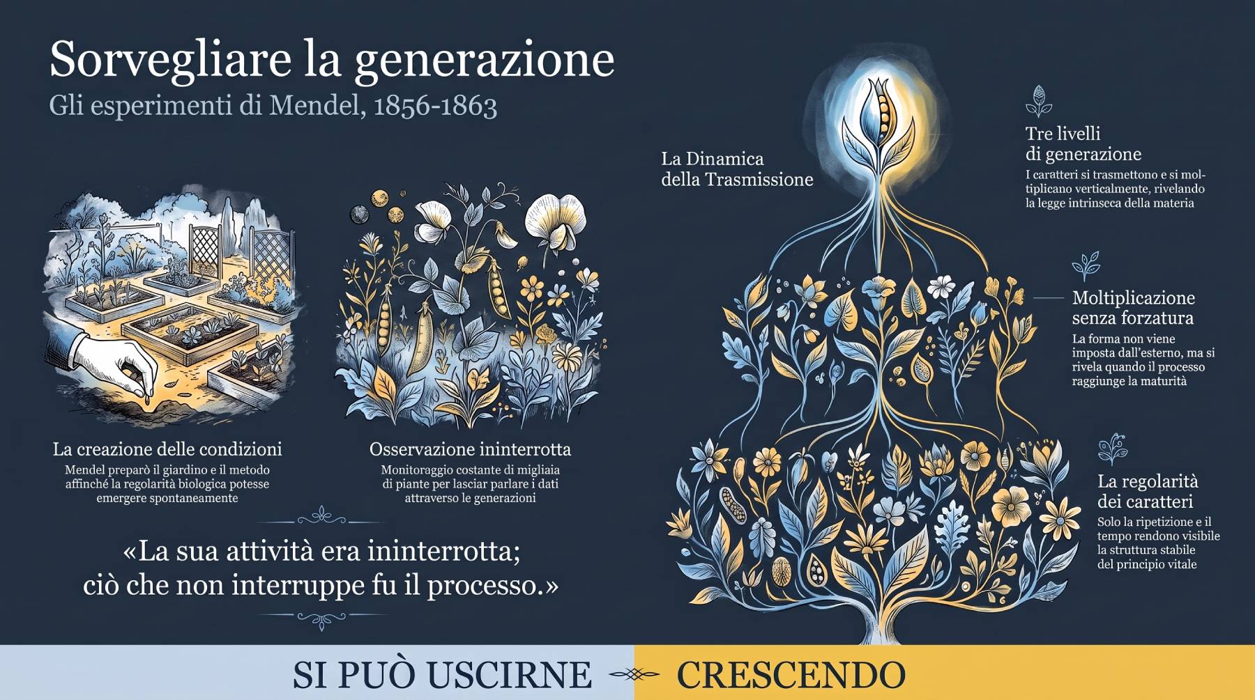 Gli esperimenti di Mendel: le generazioni di piante, i caratteri trasmessi, i quaderni di annotazione.