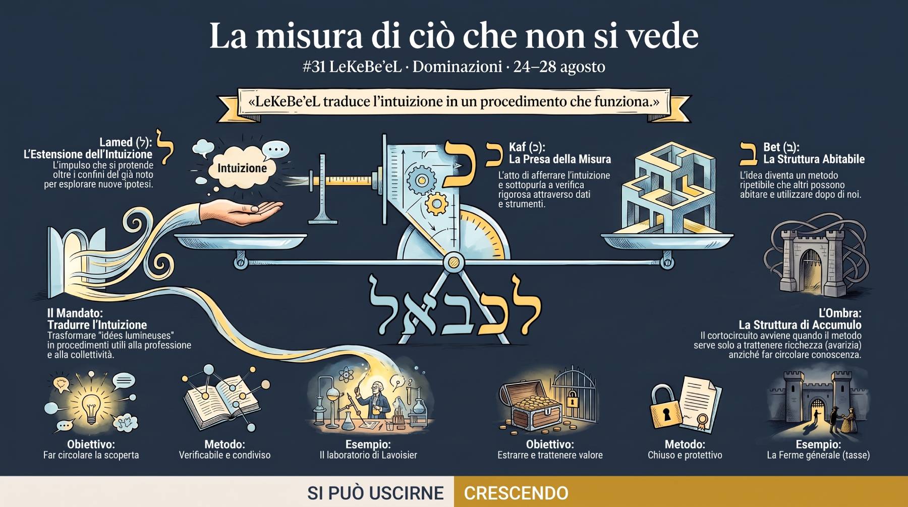 Copertina — La misura di ciò che non si vede: intuizione che diventa procedimento trasmissibile. Bilancia di precisione su sfondo blu notte.