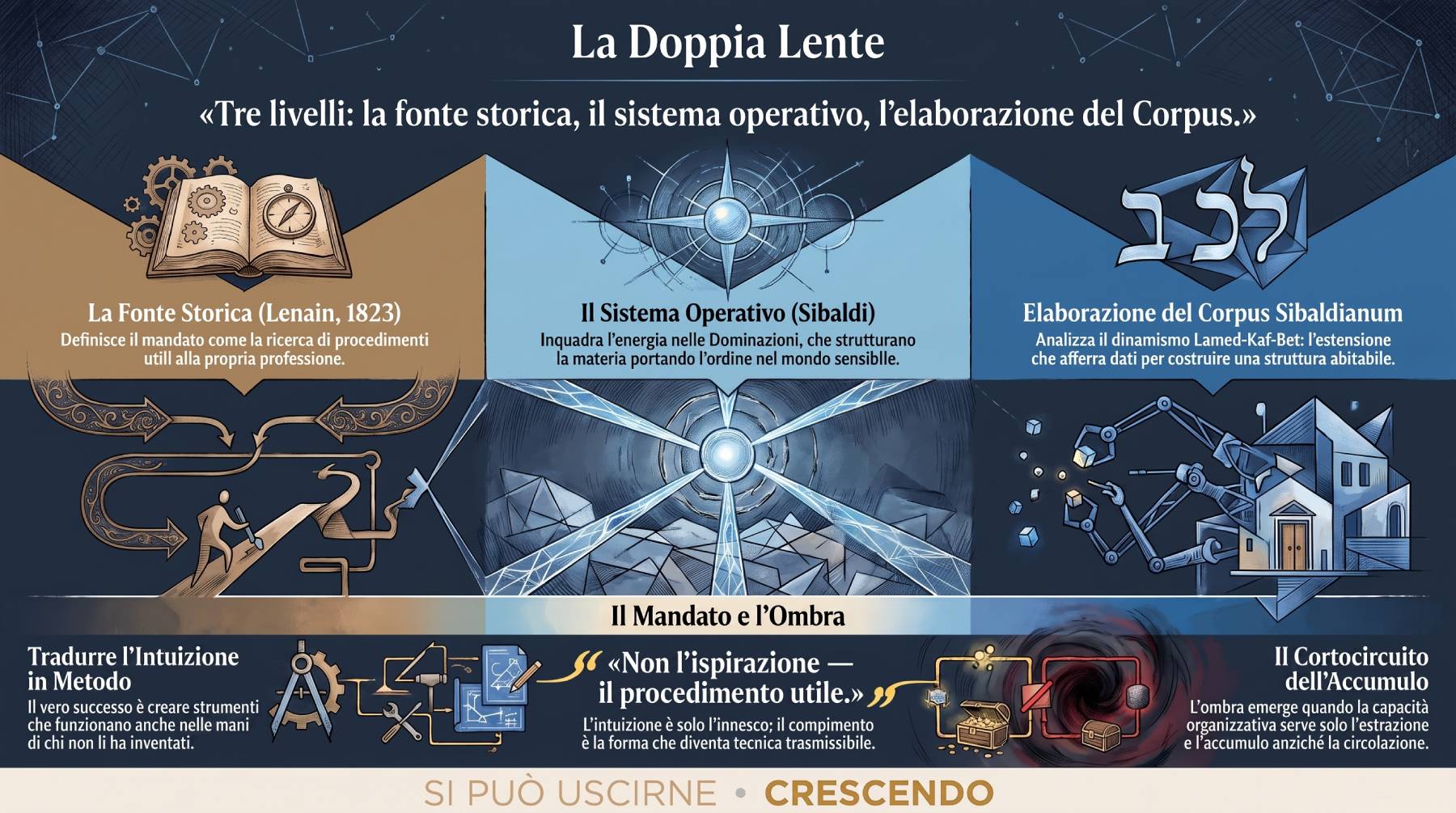 Infografica Doppia Lente — tre livelli: fonte storica, sistema operativo, elaborazione del Corpus. Schema a tre colonne distinte su sfondo blu notte.