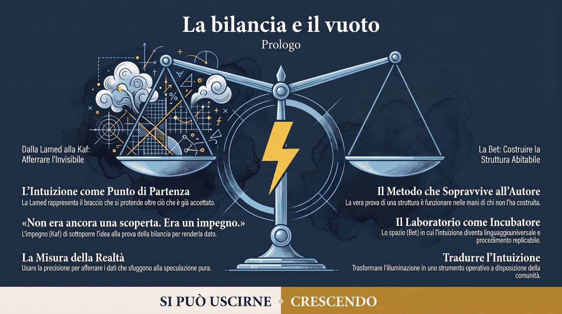 Infografica Prologo — La bilancia e il vuoto: non era ancora una scoperta, era un impegno. Bilancia con un piatto carico di dati e uno vuoto, in equilibrio precario.