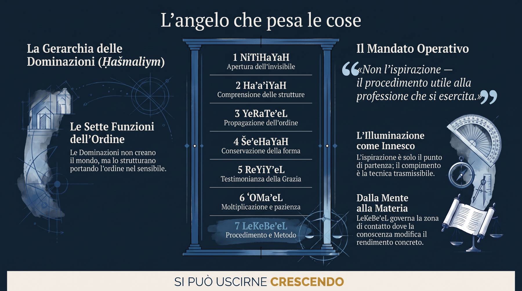 Infografica Parte I — L'angelo che pesa le cose: non l'ispirazione ma il procedimento utile alla professione. Schema delle sette Dominazioni con LeKeBeʼeL evidenziato.