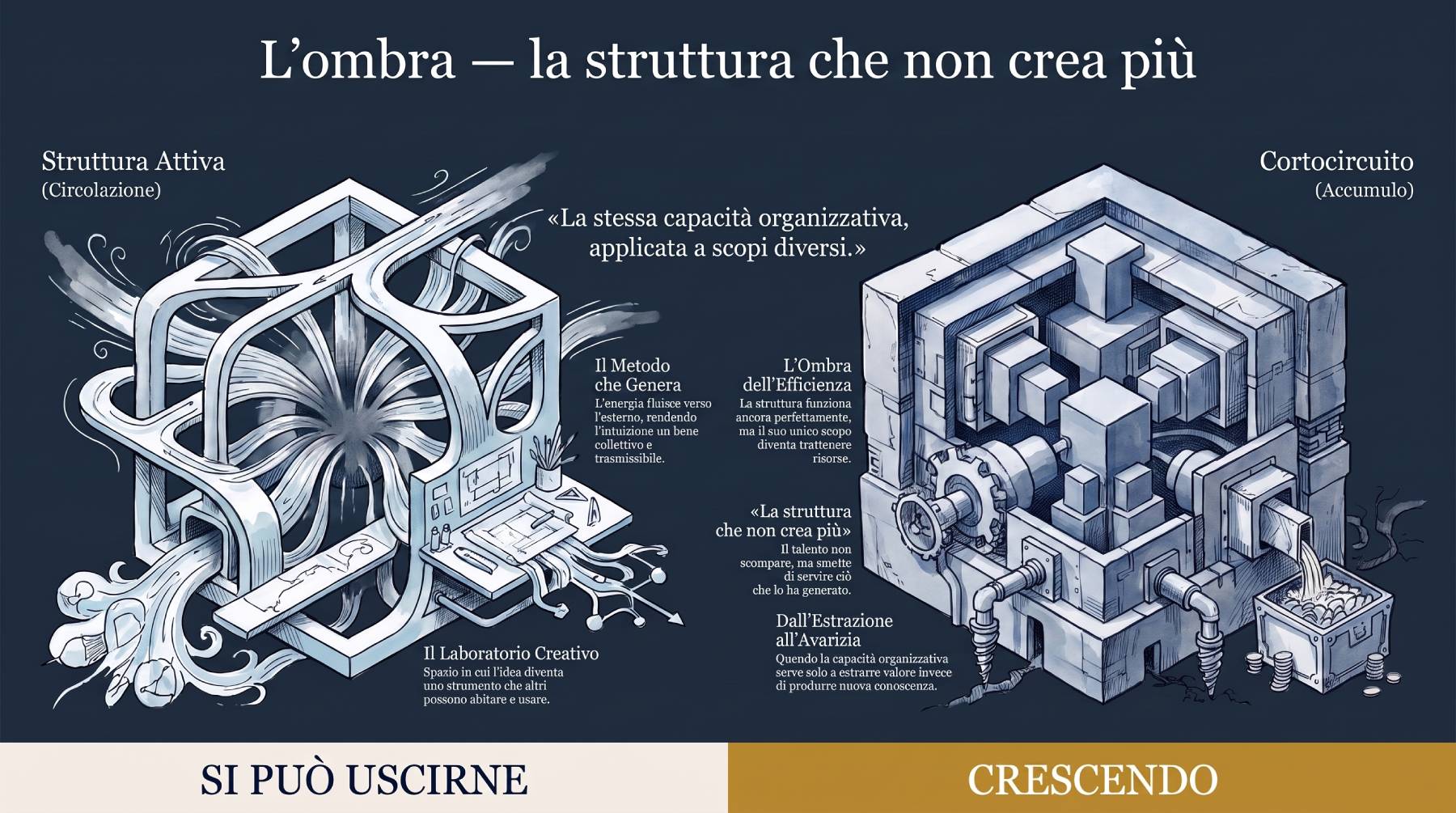 Infografica Parte IV — L'ombra: la stessa capacità organizzativa applicata a scopi diversi. Due strutture parallele: circolazione aperta vs accumulo chiuso.