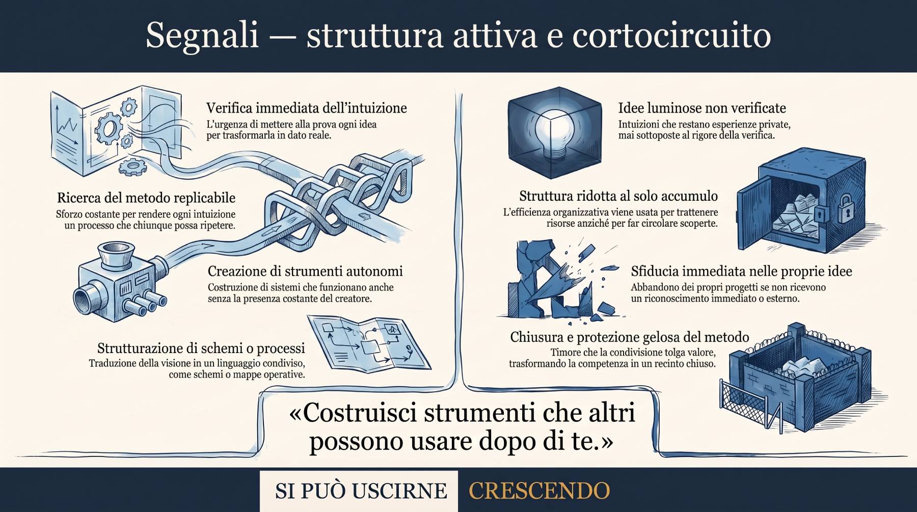 Infografica Segnali — struttura attiva e cortocircuito: costruisci strumenti che altri possono usare dopo di te. Due colonne: segnali attivi e segnali di cortocircuito.