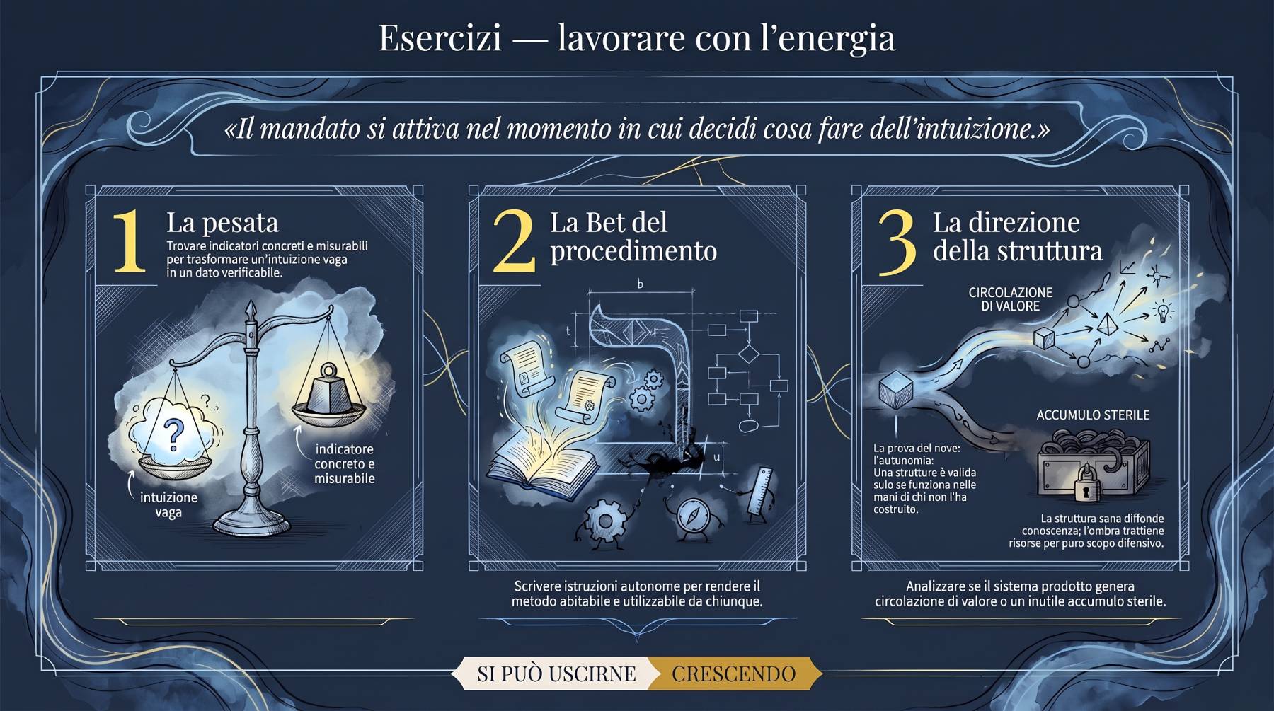 Infografica Esercizi — lavorare con l'energia: il mandato si attiva quando decidi cosa fare dell'intuizione. Tre riquadri numerati: La pesata, La Bet, La direzione.