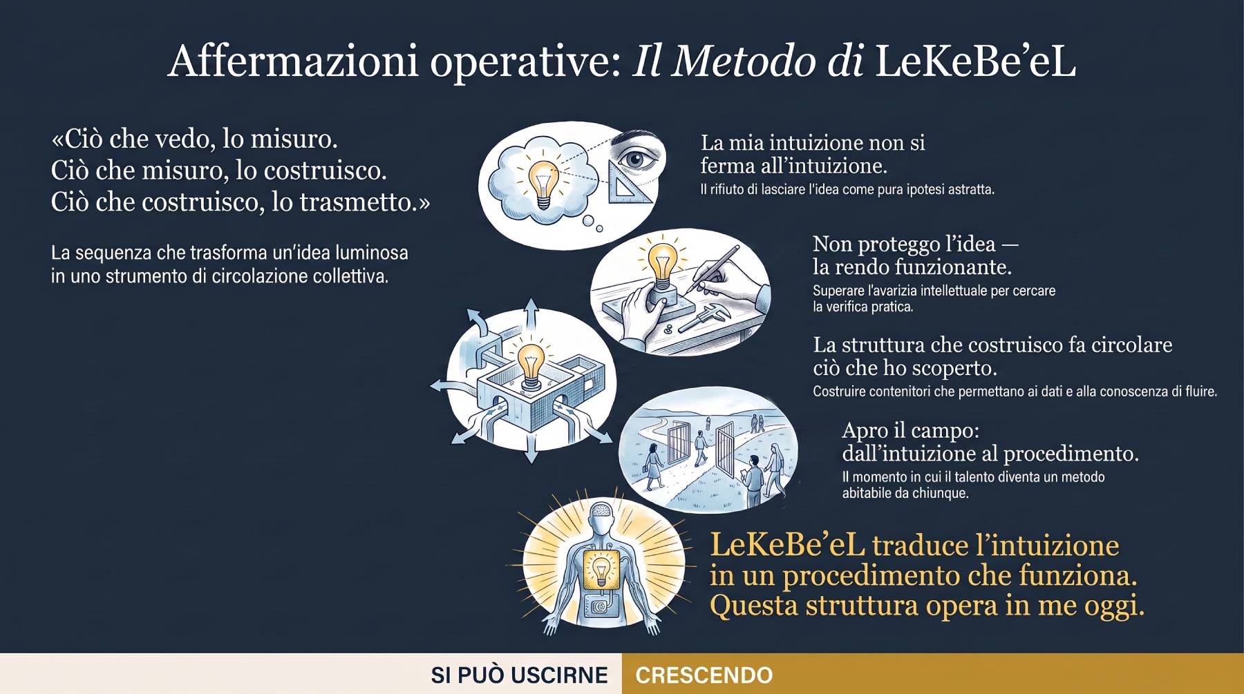 Infografica Affermazioni operative: ciò che vedo lo misuro, ciò che misuro lo costruisco, ciò che costruisco lo trasmetto. Cinque affermazioni, ultima in giallo fulmine.