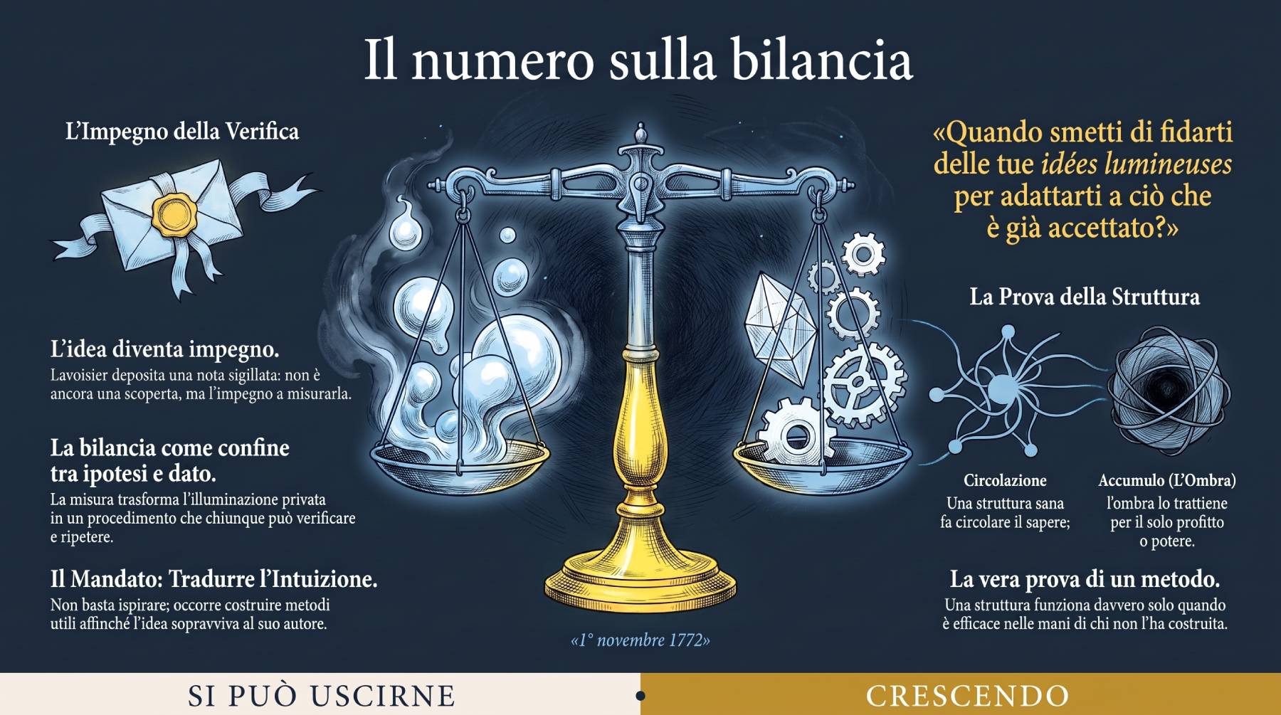 Infografica Epilogo — Il numero sulla bilancia: quando smetti di fidarti delle tue idées lumineuses? Bilancia in equilibrio con base in giallo fulmine, data 1772.