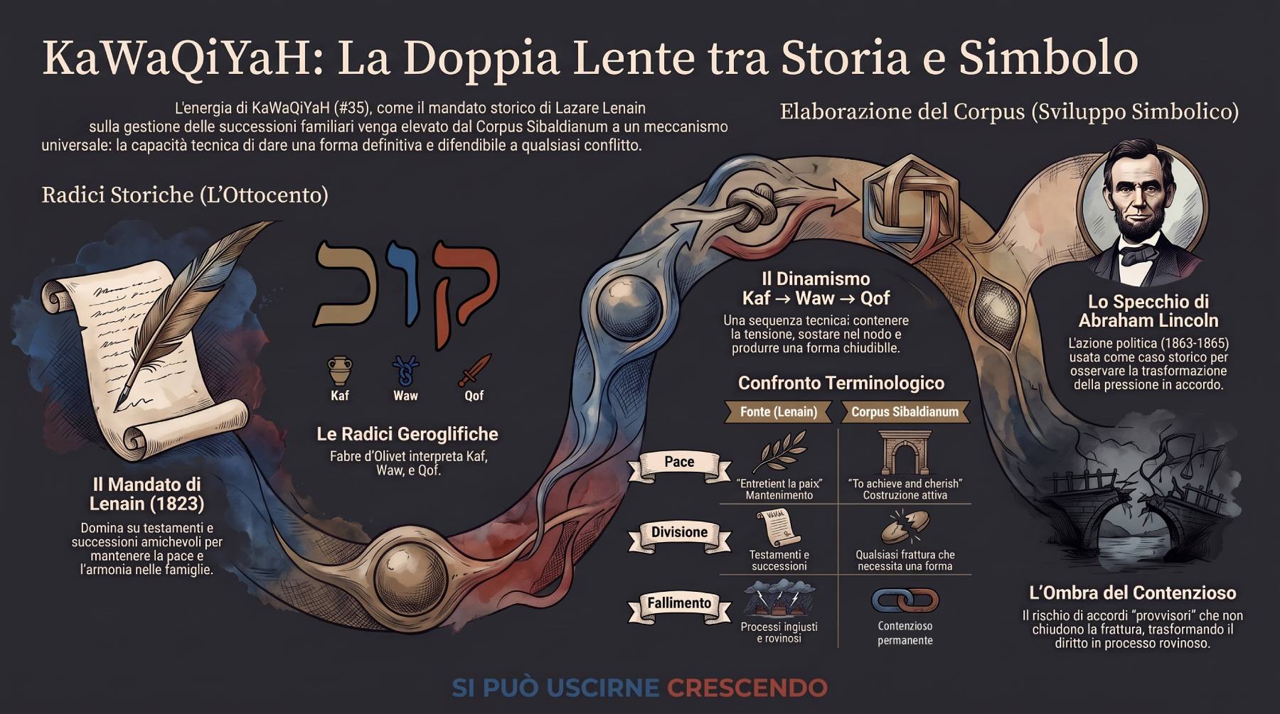 Infografica Doppia Lente — KaWaQiYaH: mandato Lenain su testamenti e divisioni amichevoli a confronto con la rilettura del Corpus sulle lettere Kaf, Waw, Qof.