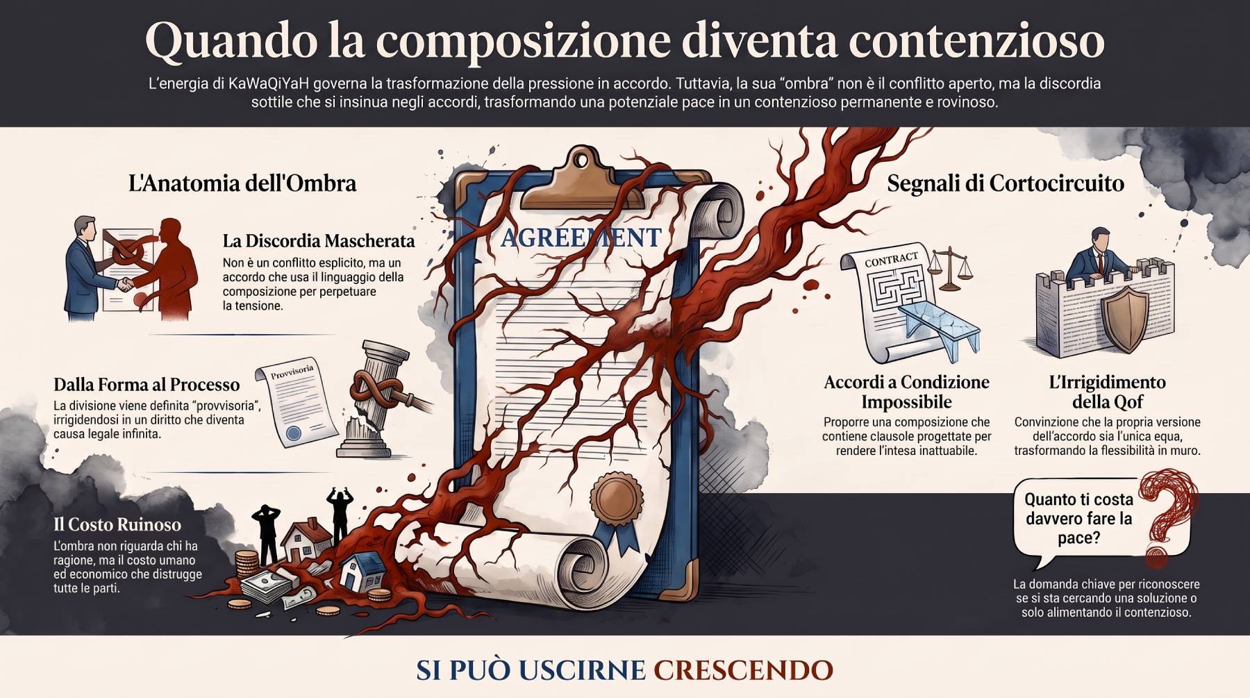 Infografica Parte V — L'ombra: la discordia dentro la forma dell'accordo. Il documento che si sedimenta invece di chiudersi, la frattura perpetuata nel linguaggio della composizione.