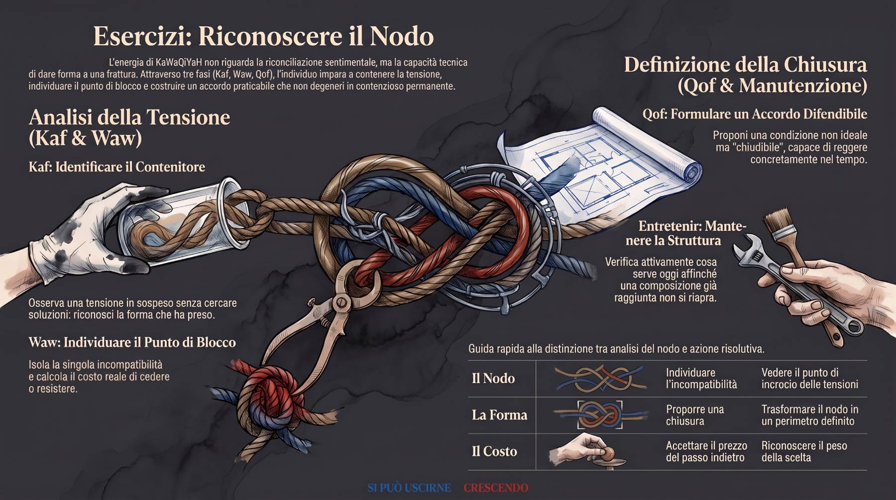 Infografica Esercizi — KaWaQiYaH: il gesto concreto della Kaf, riconoscere il contenitore prima di cambiarlo. Azione verificabile, non introspezione generica.