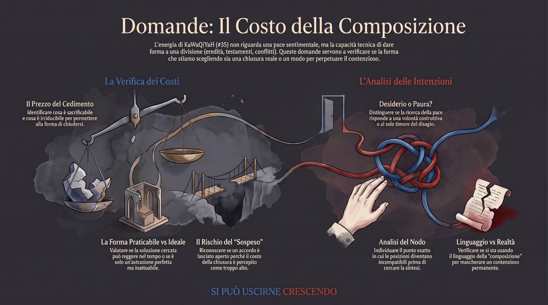 Infografica Domande — KaWaQiYaH: spazio aperto in cui la risposta non è già contenuta nell'immagine. Il costo della pace prima della scelta.