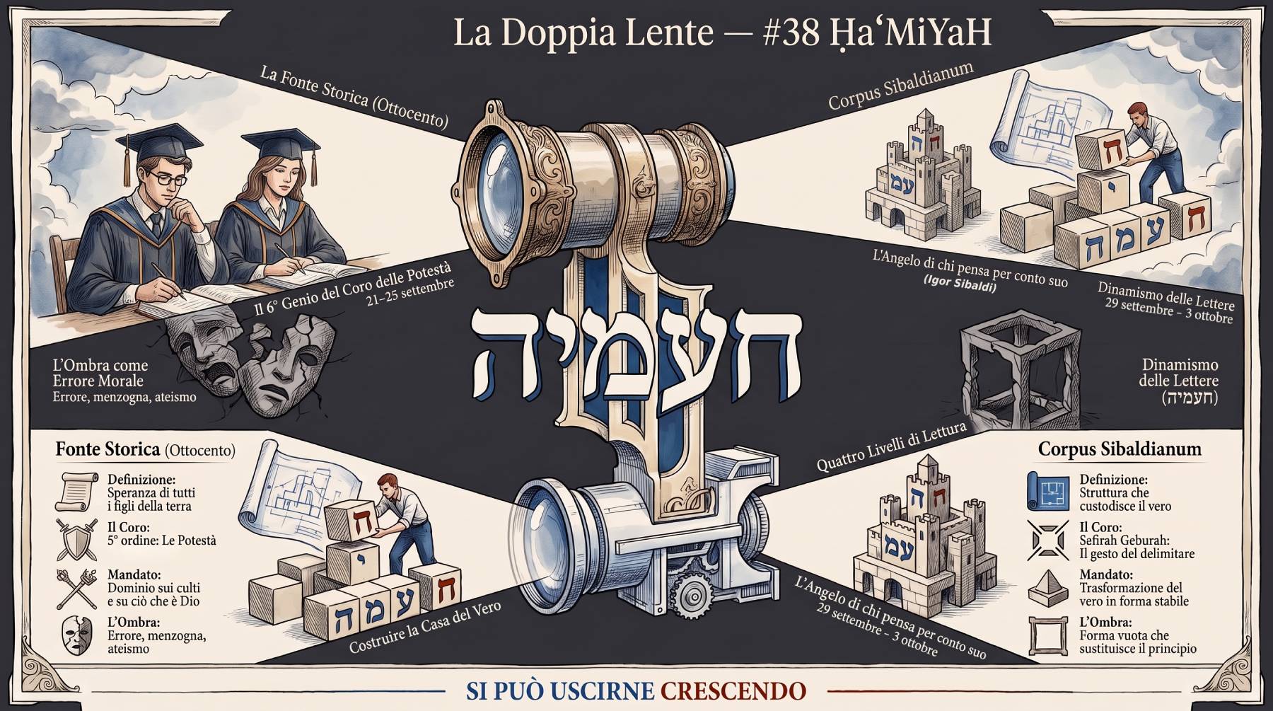 Infografica Doppia Lente — ḤaʿMiYaH: due sguardi sullo stesso nome. Un cannocchiale a due lenti separa la fonte storica dell'Ottocento dal Corpus; i blocchi ח ע מ יה costruiscono la casa del vero.