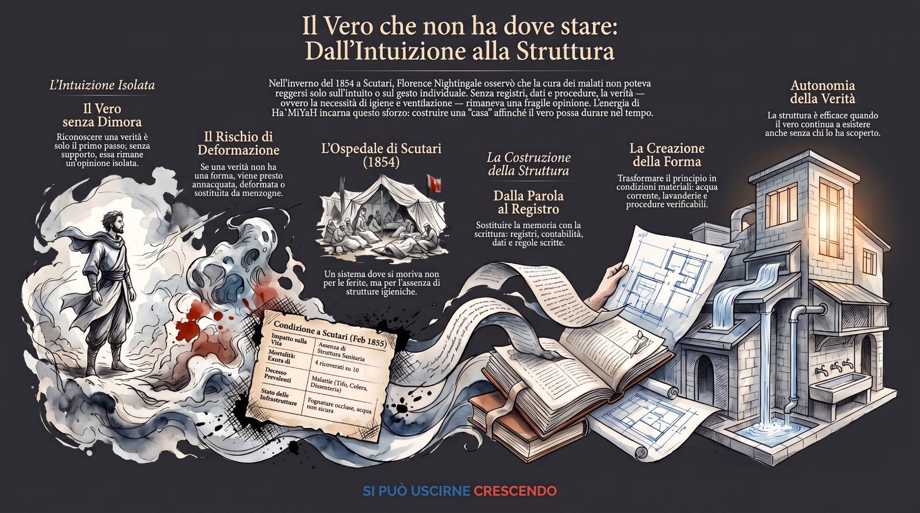 Infografica Prologo — Il vero che non ha dove stare: dall'intuizione alla struttura. Da Scutari 1854 ai registri e alla casa con acqua corrente: il vero dura se esiste anche senza chi lo ha scoperto.