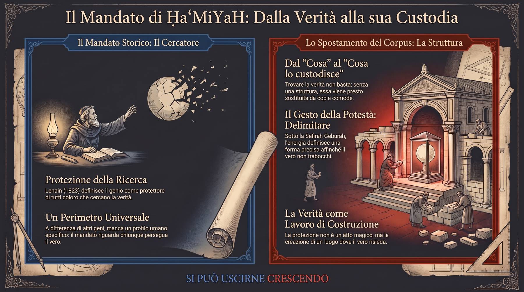 Infografica Parte I — Il mandato di ḤaʿMiYaH: dalla verità alla sua custodia. A sinistra il cercatore di Lenain, a destra il Corpus che costruisce la struttura che custodisce il vero.