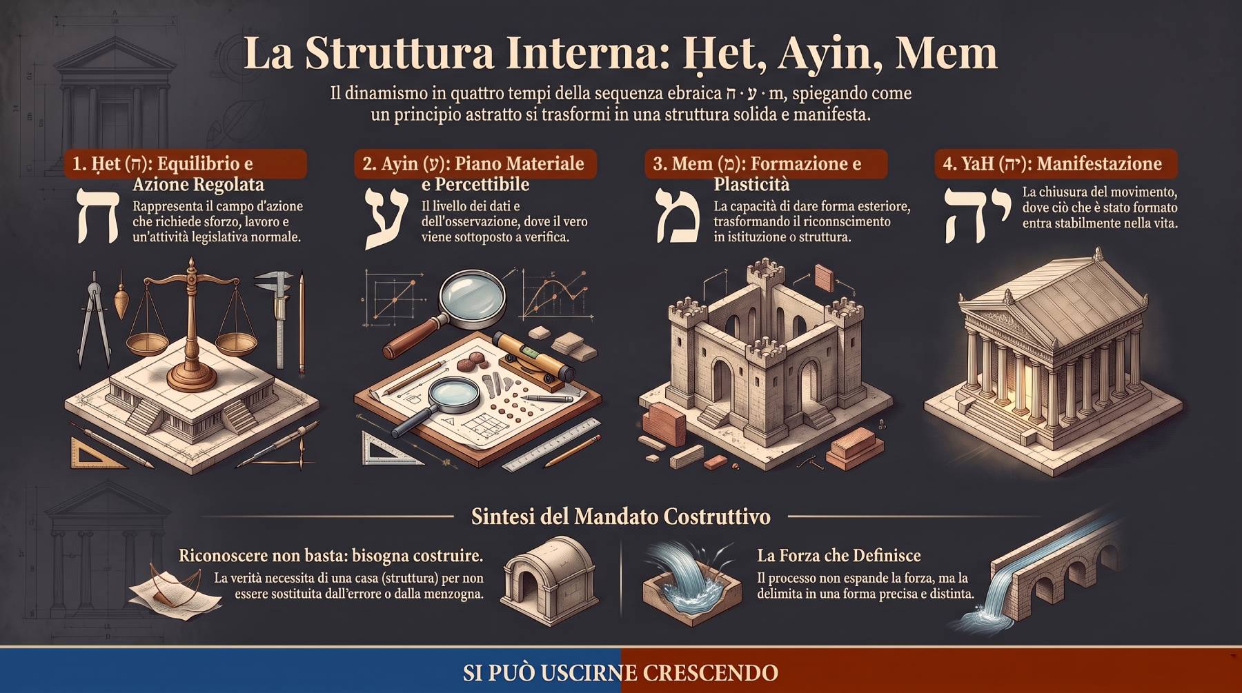 Infografica Parte II — La struttura interna: Ḥet, Ayin, Mem. Quattro tempi, ח ע מ יה: campo d'azione, verifica, forma, manifestazione; da un principio astratto a una struttura stabile.