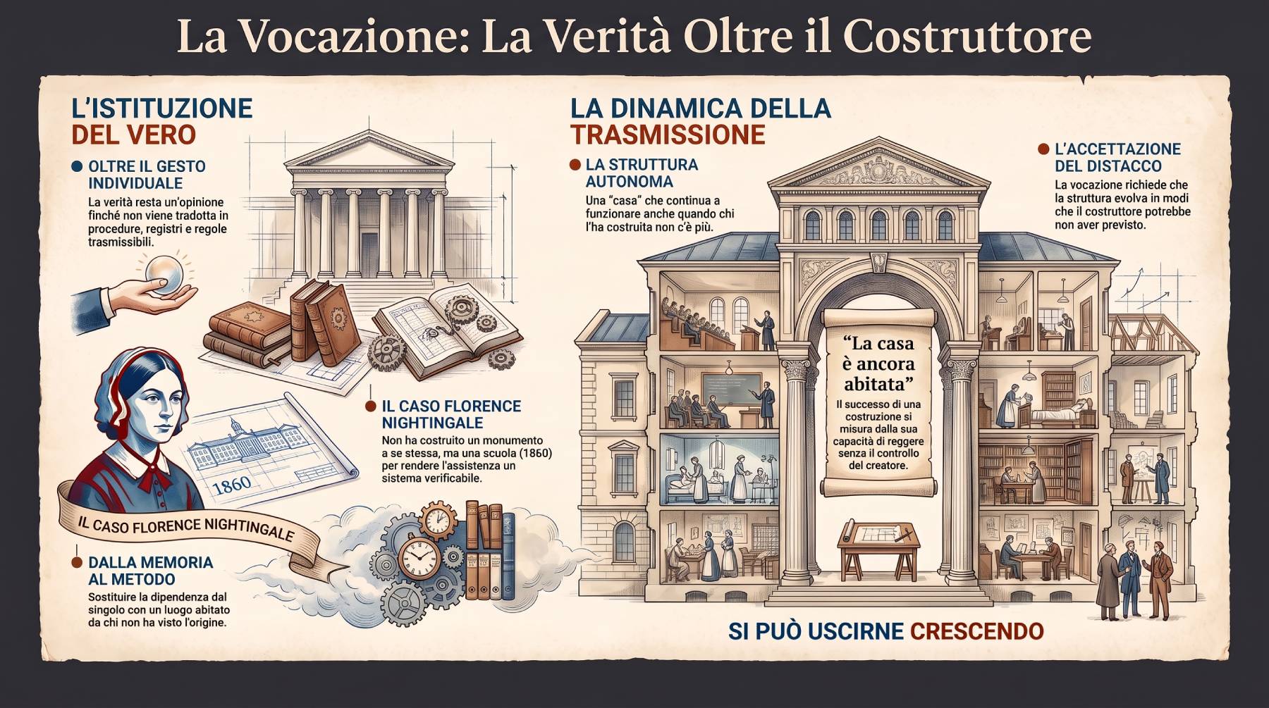 Infografica Parte V — La vocazione: la verità oltre il costruttore. Florence Nightingale e la scuola del 1860; «La casa è ancora abitata»: la struttura regge anche senza chi l'ha costruita.