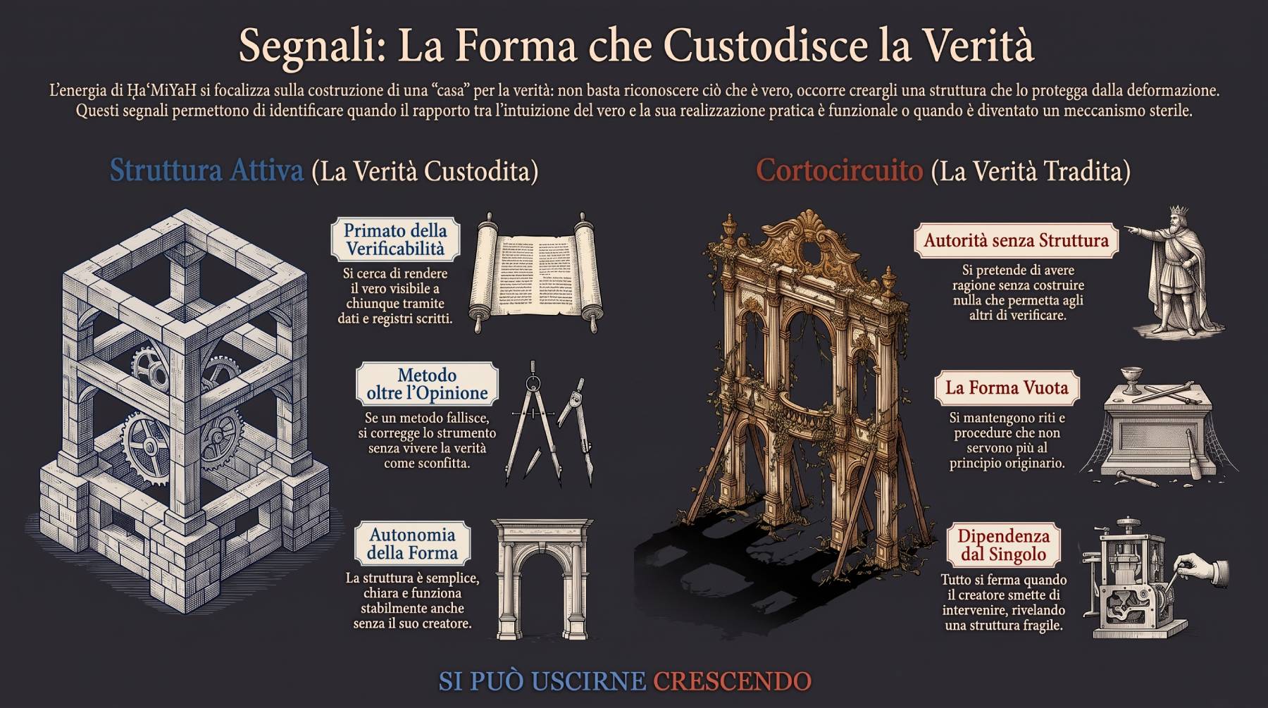 Infografica Segnali — La forma che custodisce la verità. Struttura attiva (verificabilità, metodo, autonomia) contro cortocircuito (forma vuota, dipendenza dal singolo).