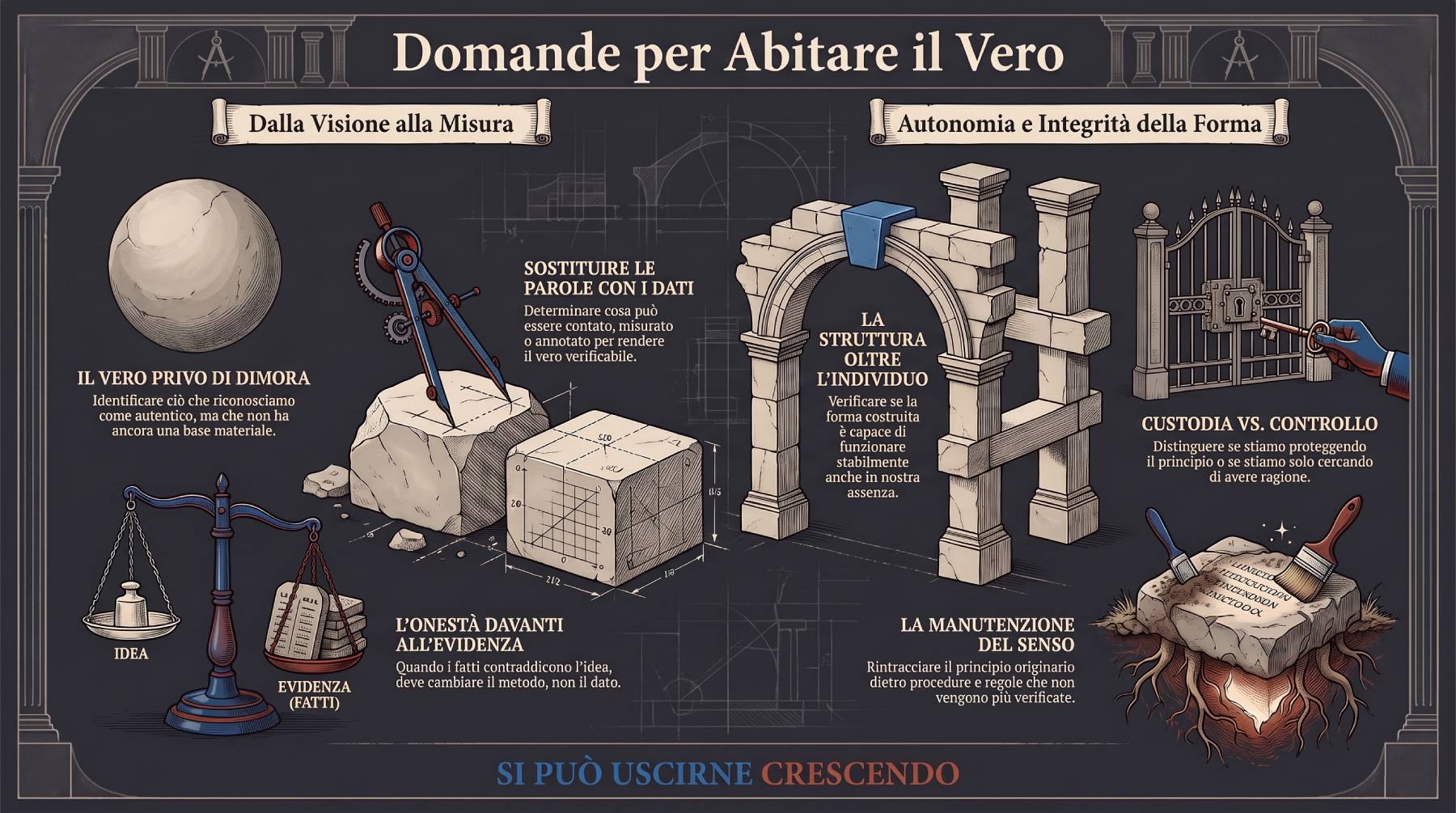 Infografica Domande — Domande per abitare il vero. Sei immagini tra misura e forma: dati al posto delle parole, onestà davanti all'evidenza, struttura oltre l'individuo, custodia contro controllo.