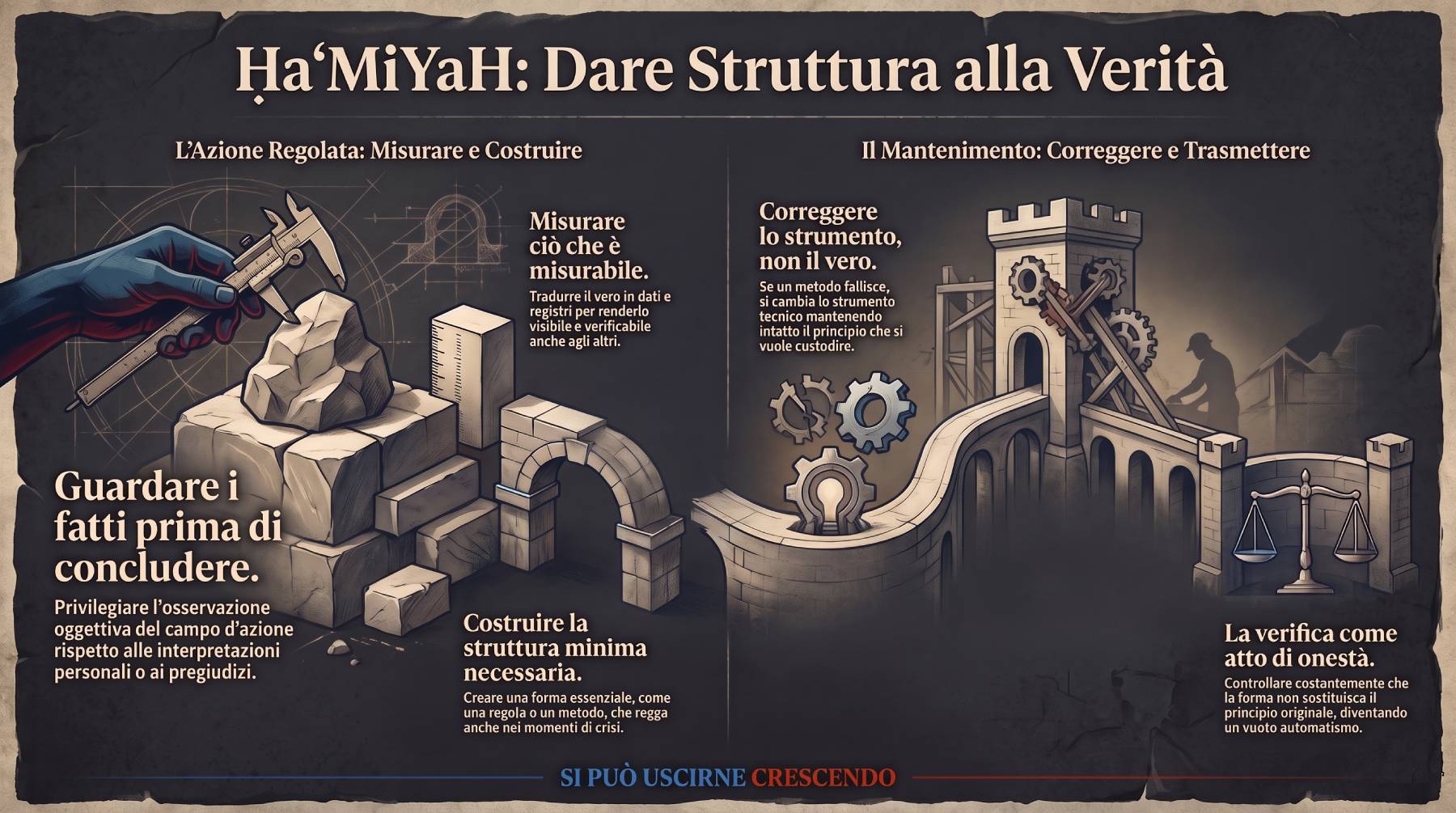 Infografica Affermazioni — ḤaʿMiYaH: dare struttura alla verità. Misurare e costruire, poi correggere e trasmettere: guardare i fatti prima di concludere, correggere lo strumento e non il vero.