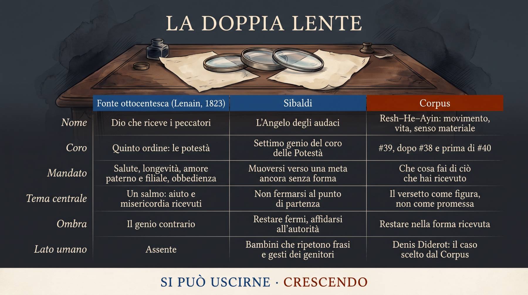 Infografica Doppia Lente — Fonte ottocentesca, Sibaldi, Corpus: tre letture dello stesso angelo. Tabella su Nome, Coro, Mandato, Tema centrale, Ombra e Lato umano, con tre lenti su una scrivania.