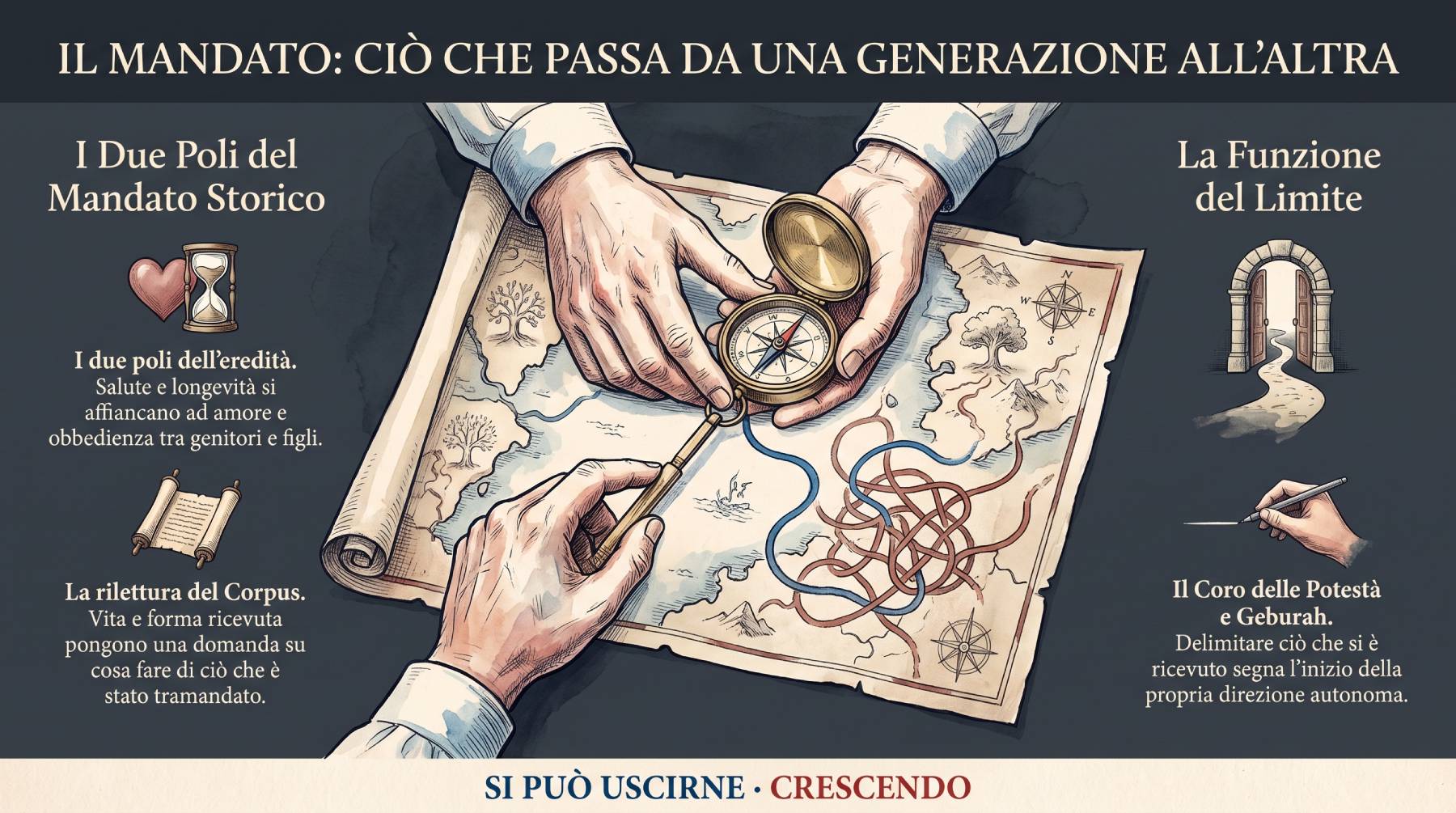 Infografica Parte I — Il mandato: ciò che passa da una generazione all'altra. Mani con una bussola su una mappa: i due poli del mandato storico, la rilettura del Corpus e la funzione del limite.