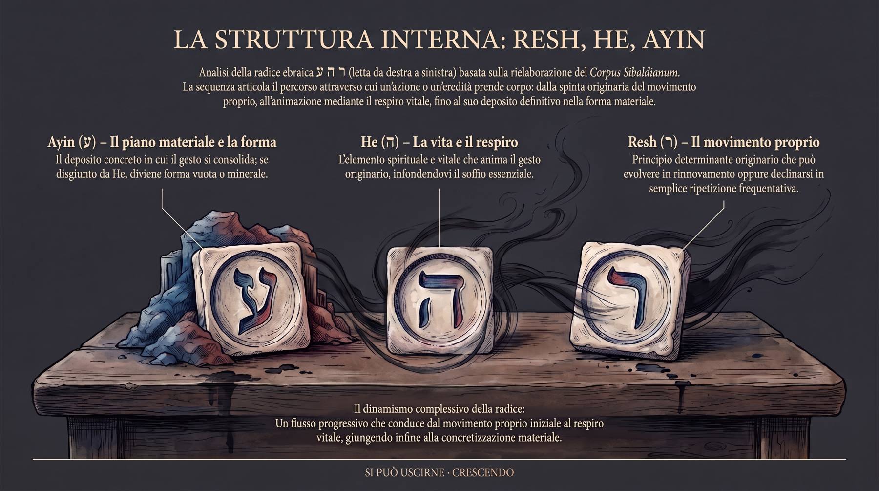 Infografica Parte II — La struttura interna: Resh, He, Ayin. Tre tavolette con le lettere ebraiche mostrano il passaggio dal movimento proprio al respiro vitale e alla forma materiale.